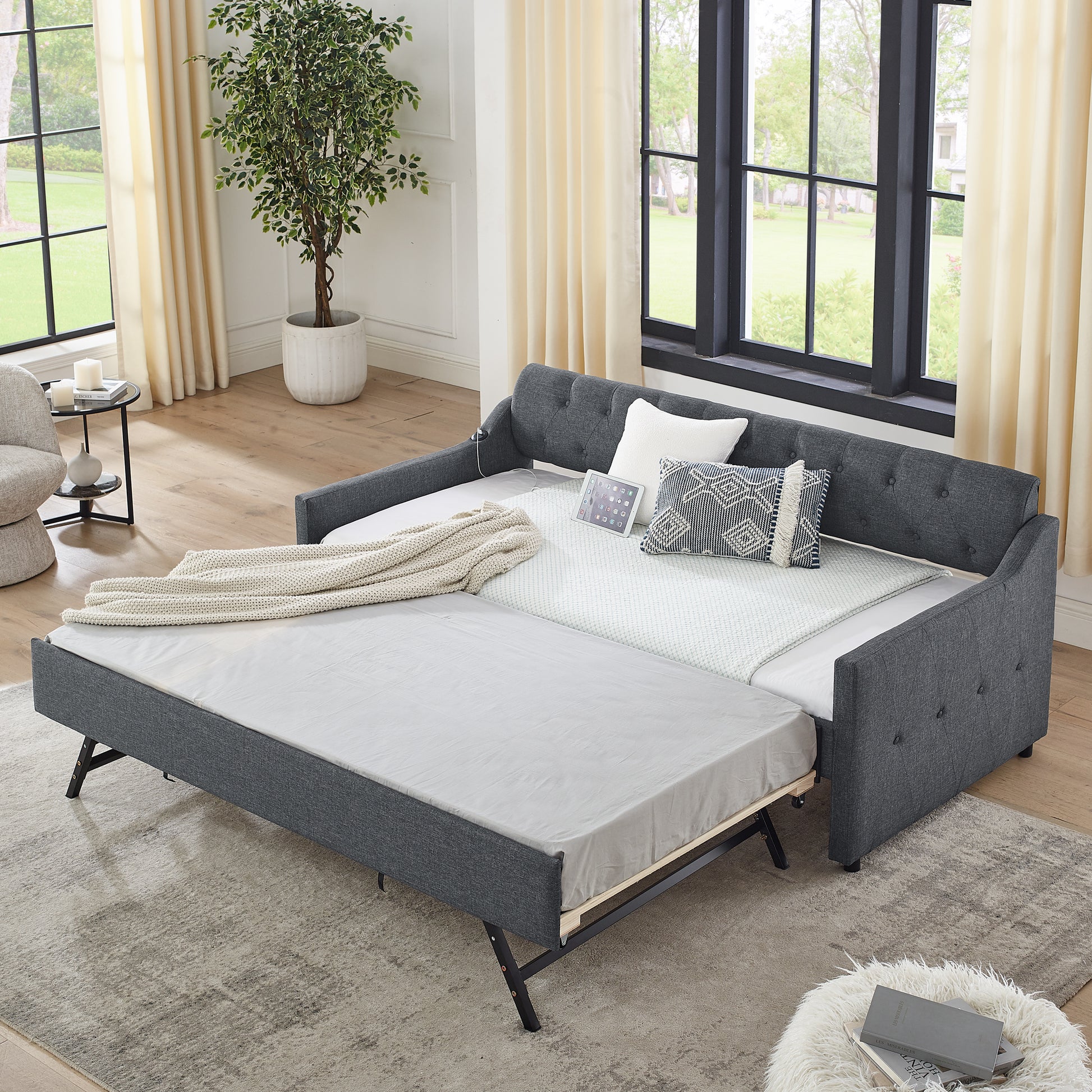 Twin Size Upholstery Daybed With Twin Size Erectable Trundle And Usb Charging Design, Linen Dark Gray Twin Dark Gray Linen