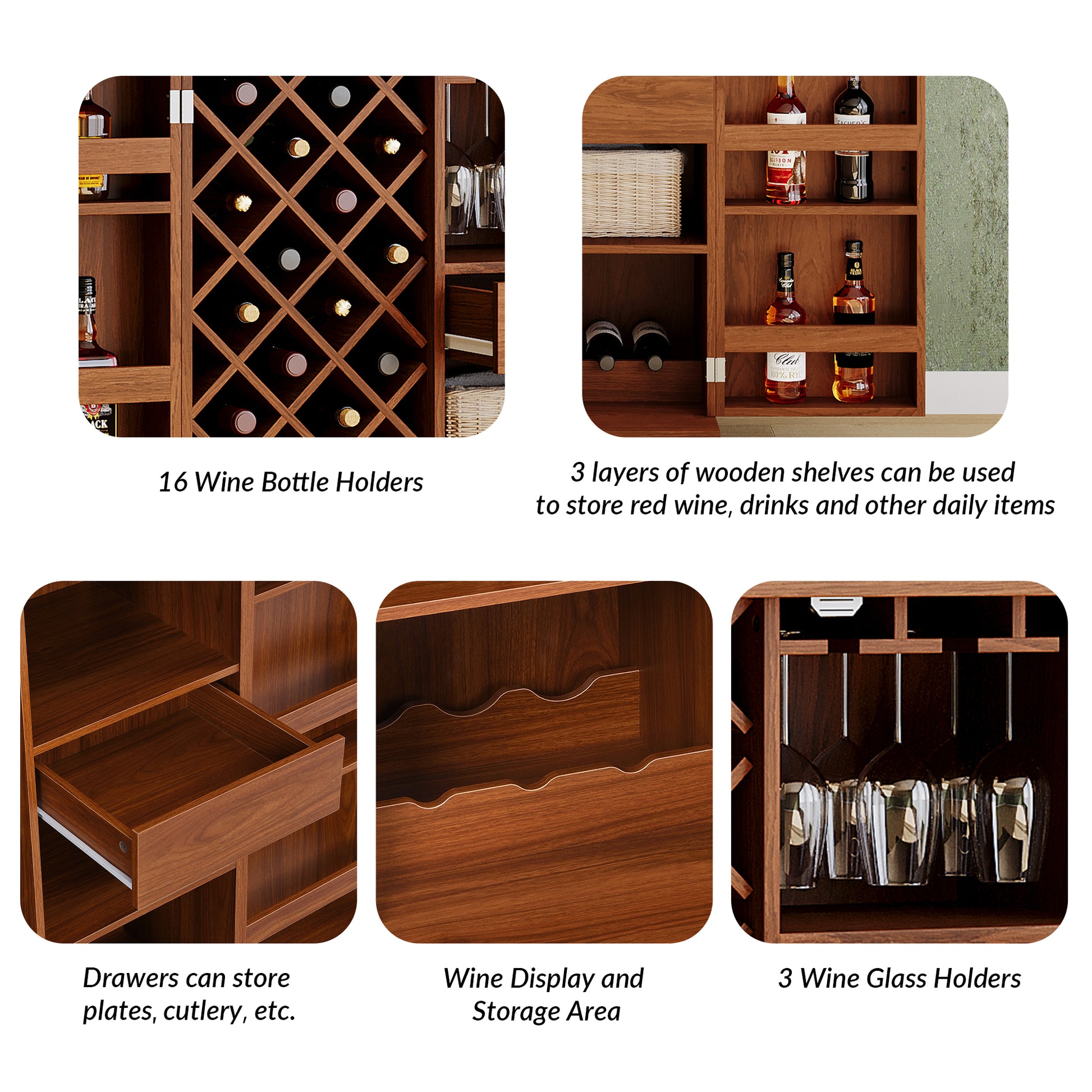 41.9" Home Bar Cabinet, Industrial Walnut Rattan Door Fold Out Bar Cabinet With Storage Bar Table Walnut Dining Room Modern Mdf