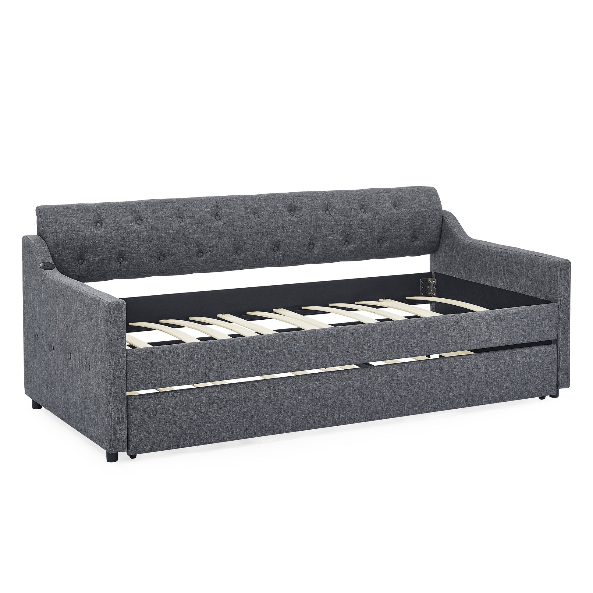 Twin Size Upholstery Daybed With Twin Size Erectable Trundle And Usb Charging Design, Linen Dark Gray Twin Dark Gray Linen