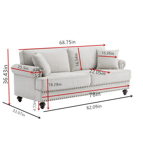 82" Chenille Modern Upholstered Sofas 2 Seater Couches With Nails And Armrests White White Primary Living Space American Design Polyester Chenille 3 Seat