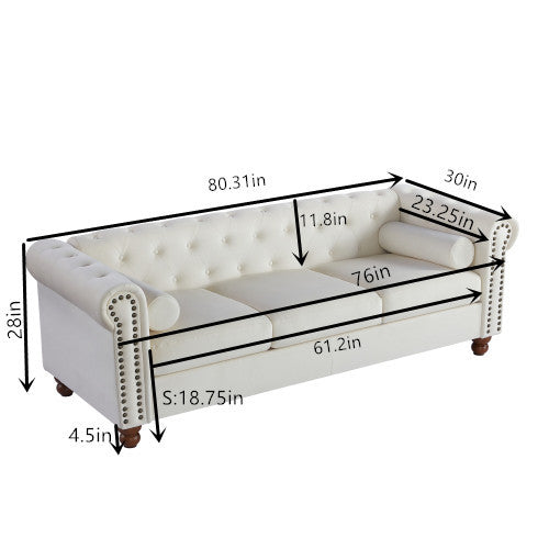 Classic Traditional Living Room Upholstered Sofa With Velvet Fabric Surface Chesterfield Tufted Fabric Sofa Couch, Large White White Primary Living Space Medium Soft Cushion Back Square Arms Foam Velvet 3 Seat