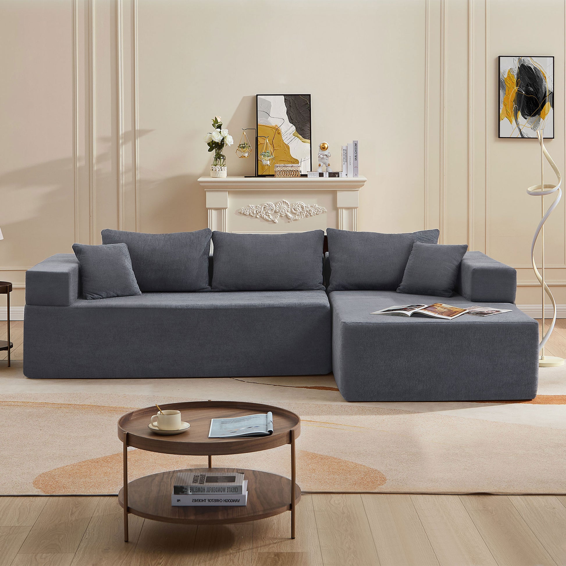 L Shape Modular Sectional Living Room Sofa Set Upholstered Sleeper Sofa For Living Room,16.53 Inch Cushion Heightening, 2 Pc Free Combination,Grey Grey Fabric 3 Seat