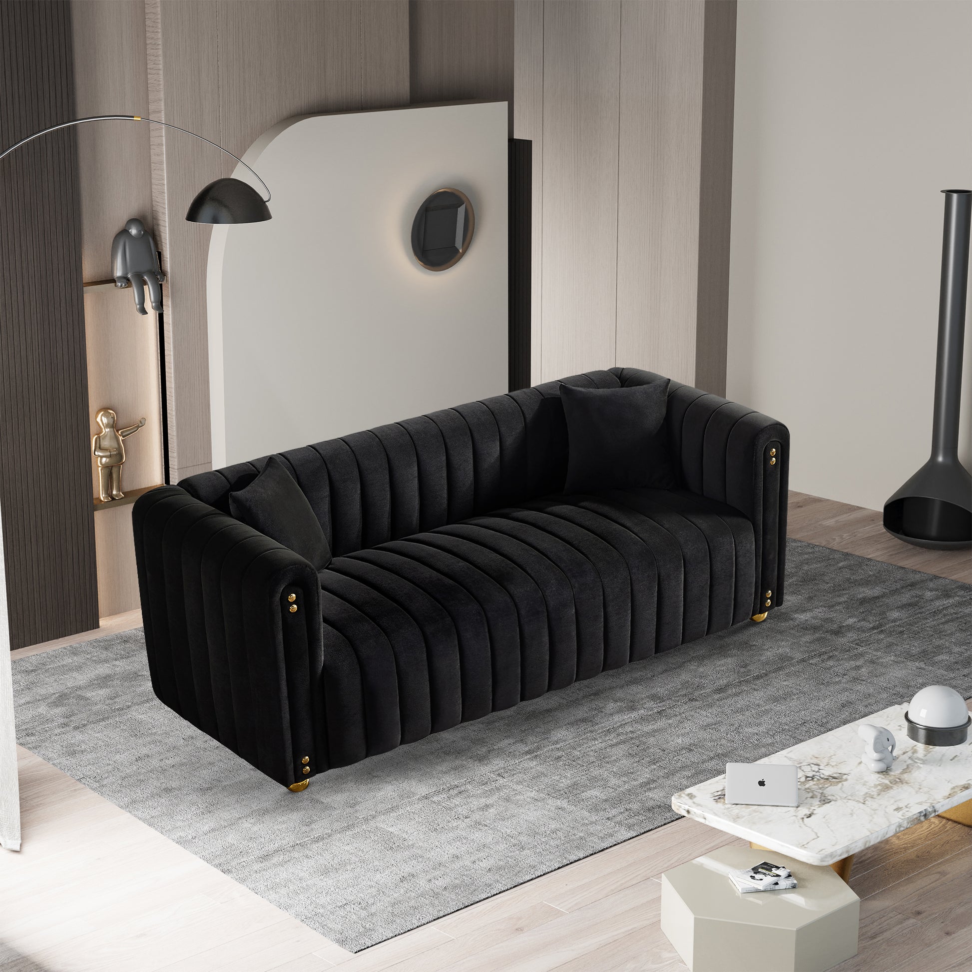 79.92" Modern Vertical Channel Tufted Velvet Sofa,Comfortable Sofa For Living Room Black Black Velvet 3 Seat