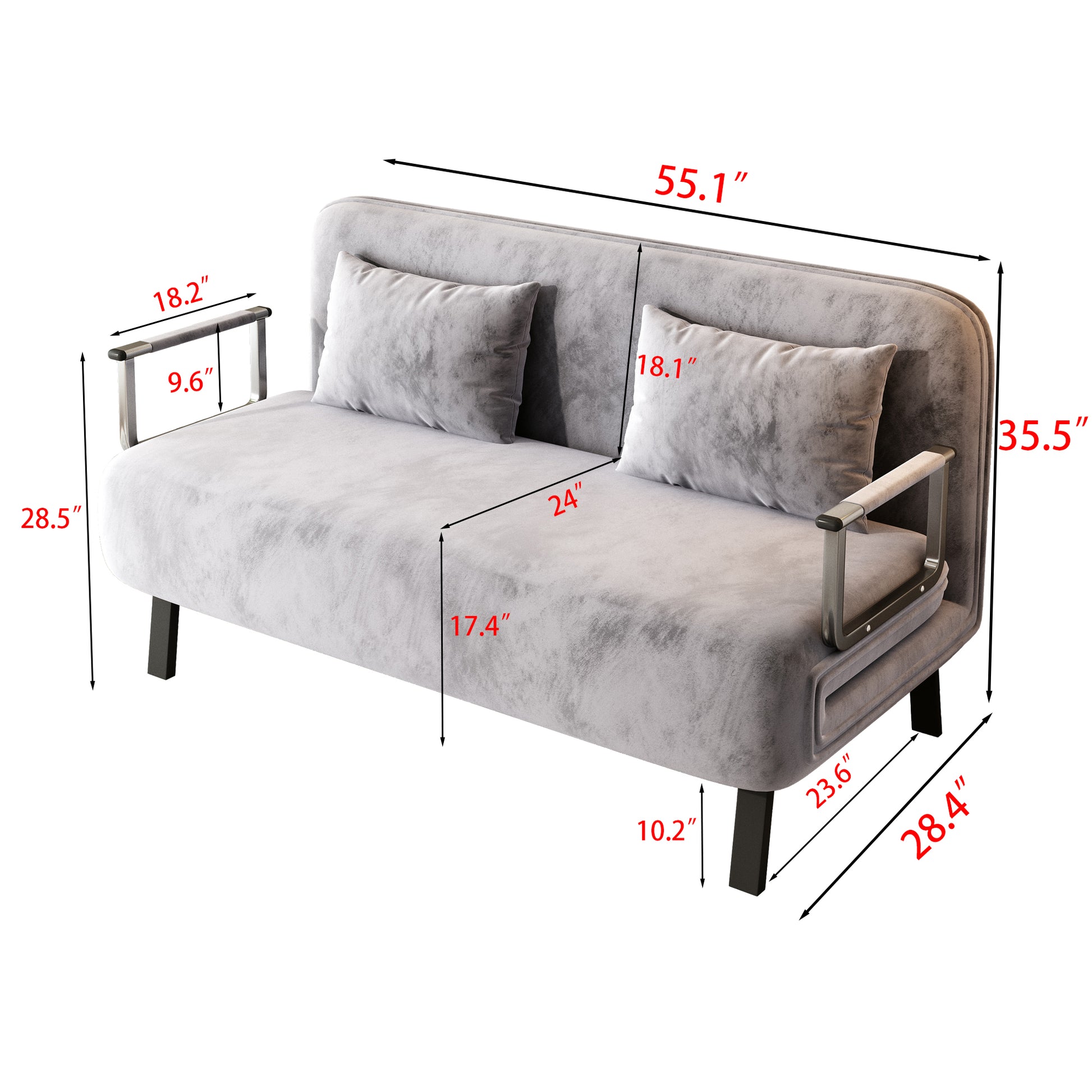 Velvet Light Gray 55 Convertible Chair Bed, Tri Fold Sofa Bed With Adjustable Backrest & Pillow, Leisure Chaise Lounge Couch With Sturdy Steel Frame For Home & Office, Comfortable Sleeper Chair Light Gray Velvet Metal Primary Living Space Medium Firm