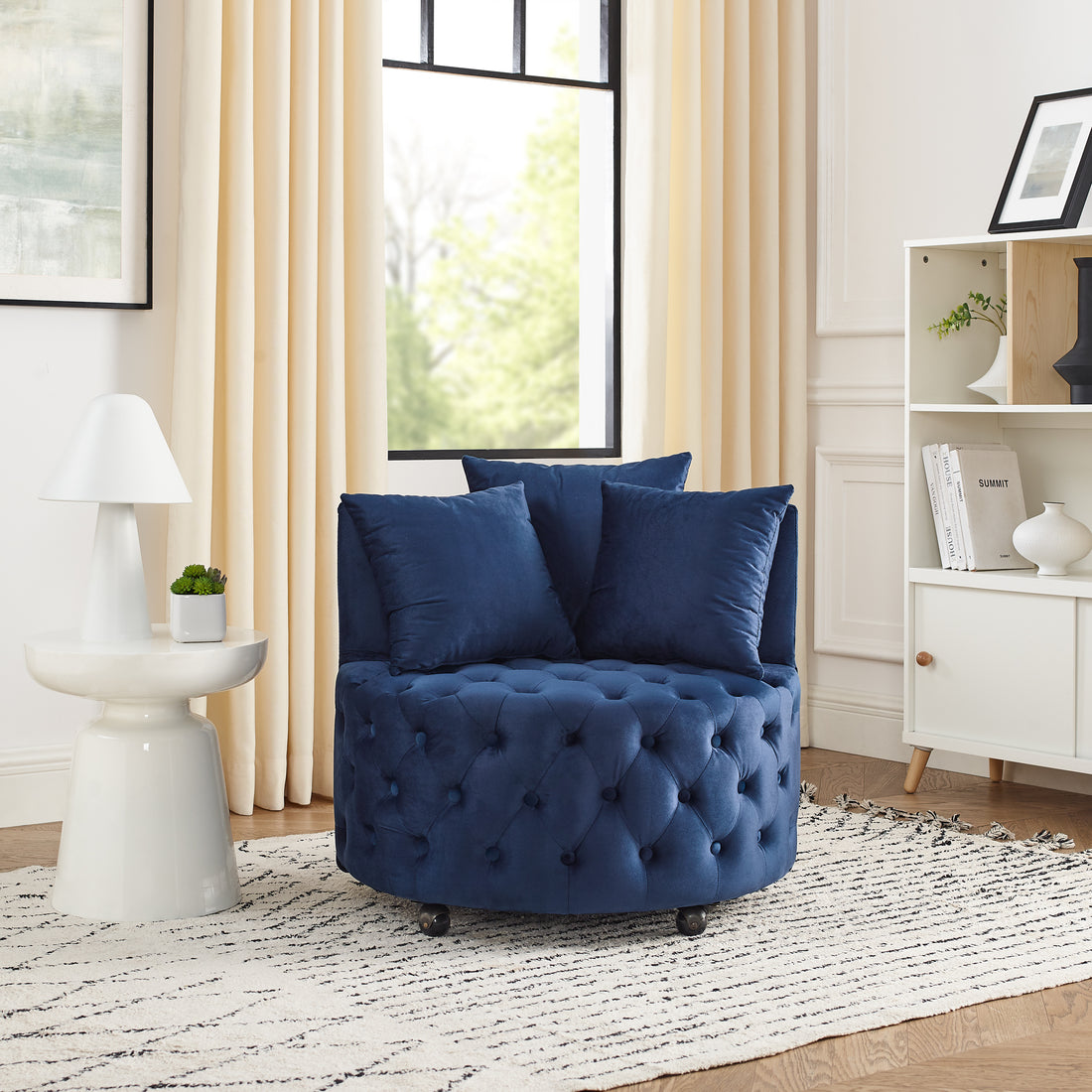 Velvet Upholstered Swivel Chair For Living Room, With Button Tufted Design And Movable Wheels, Including 3 Pillows, Blue Blue Foam