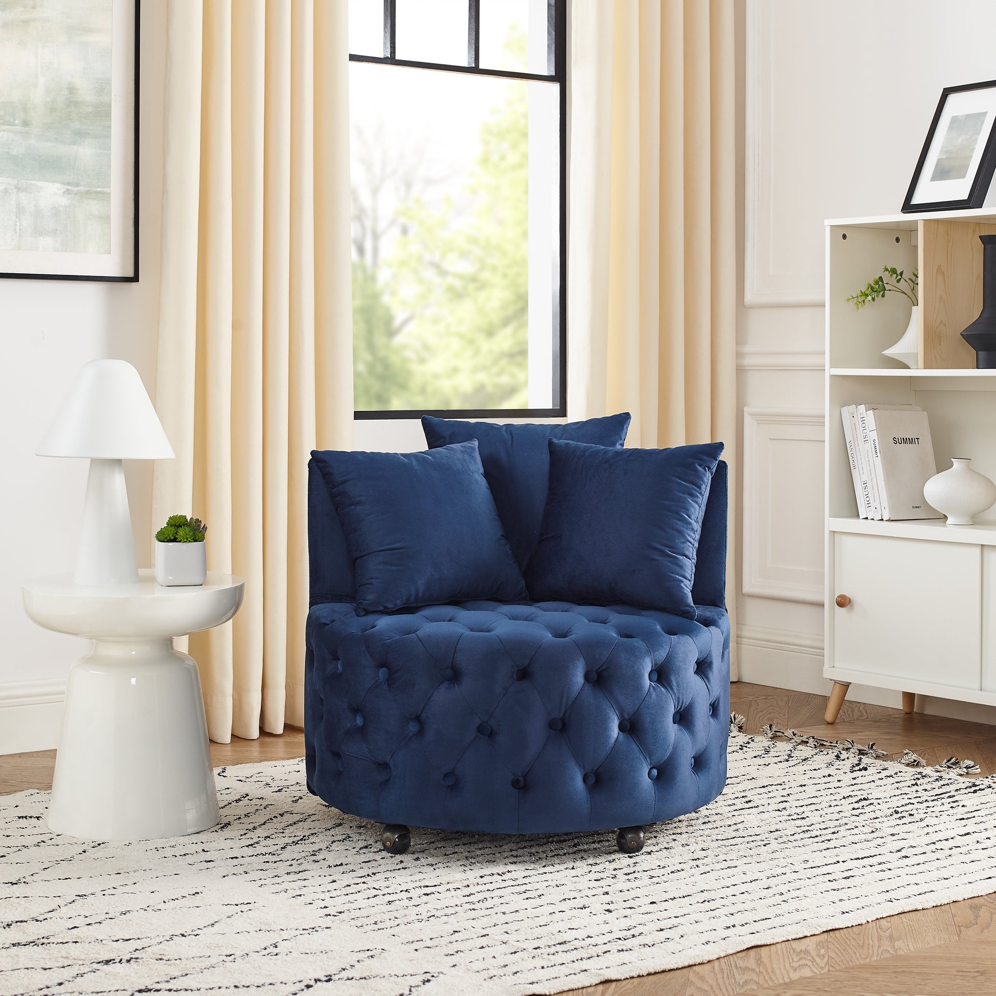 Velvet Upholstered Swivel Chair For Living Room, With Button Tufted Design And Movable Wheels, Including 3 Pillows, Blue Blue Foam