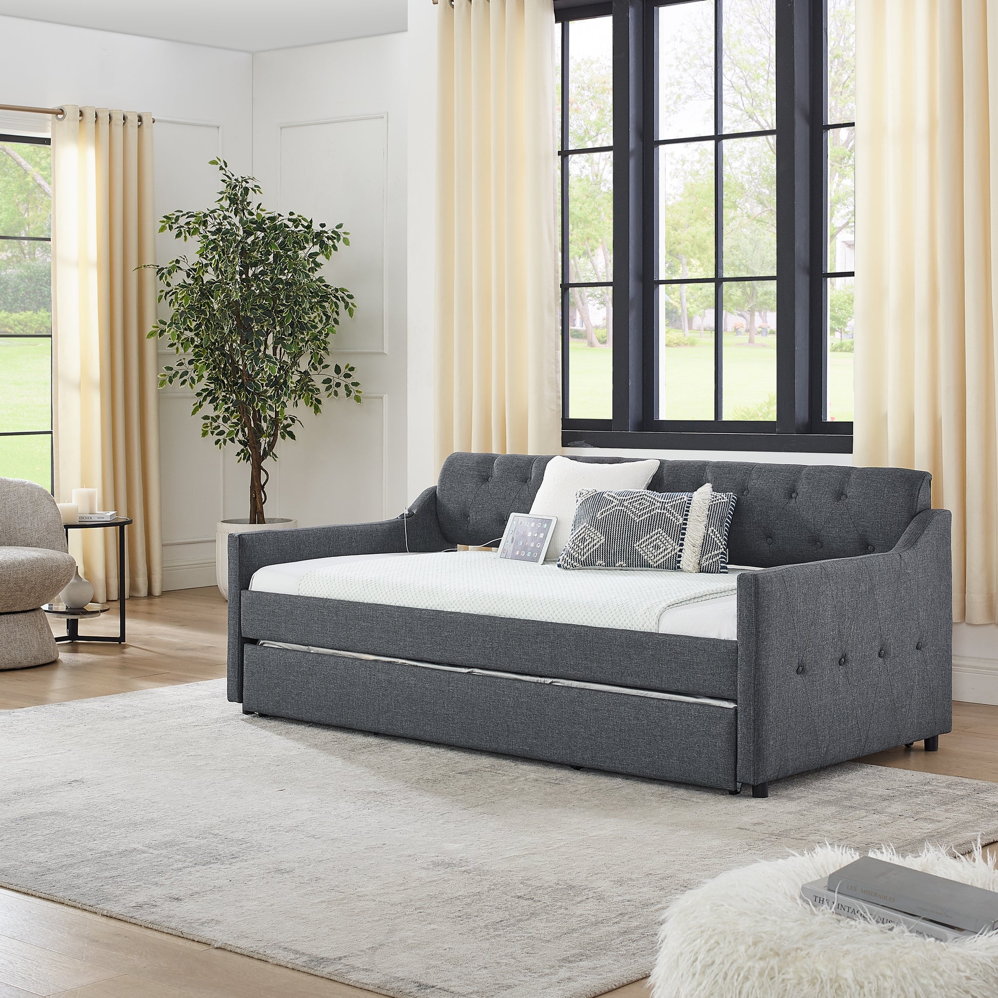 Twin Size Upholstery Daybed With Twin Size Erectable Trundle And Usb Charging Design, Linen Dark Gray Twin Dark Gray Linen