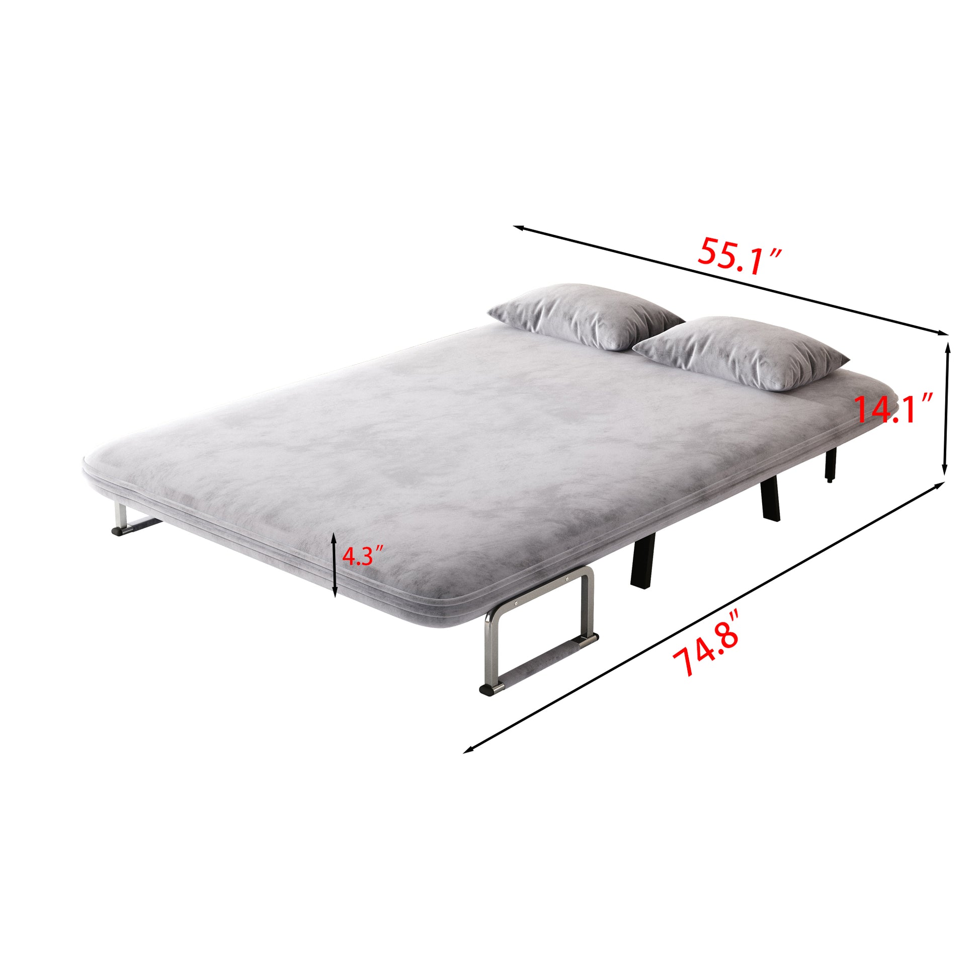 Velvet Light Gray 55 Convertible Chair Bed, Tri Fold Sofa Bed With Adjustable Backrest & Pillow, Leisure Chaise Lounge Couch With Sturdy Steel Frame For Home & Office, Comfortable Sleeper Chair Light Gray Velvet Metal Primary Living Space Medium Firm