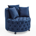 Velvet Upholstered Swivel Chair For Living Room, With Button Tufted Design And Movable Wheels, Including 3 Pillows, Blue Blue Foam