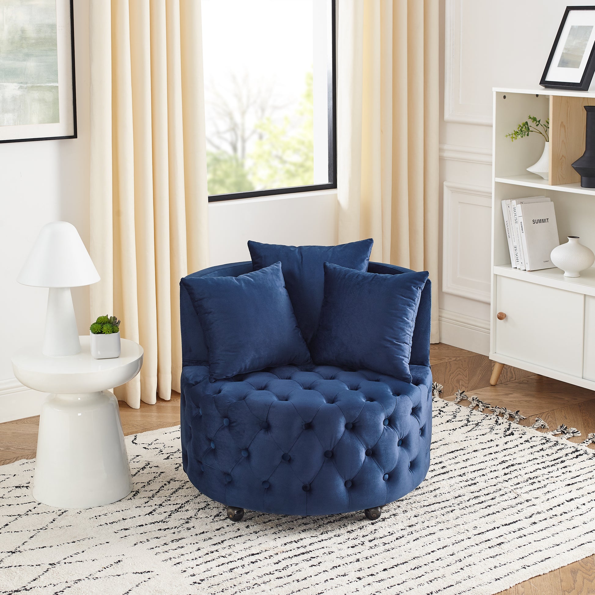 Velvet Upholstered Swivel Chair For Living Room, With Button Tufted Design And Movable Wheels, Including 3 Pillows, Blue Blue Foam