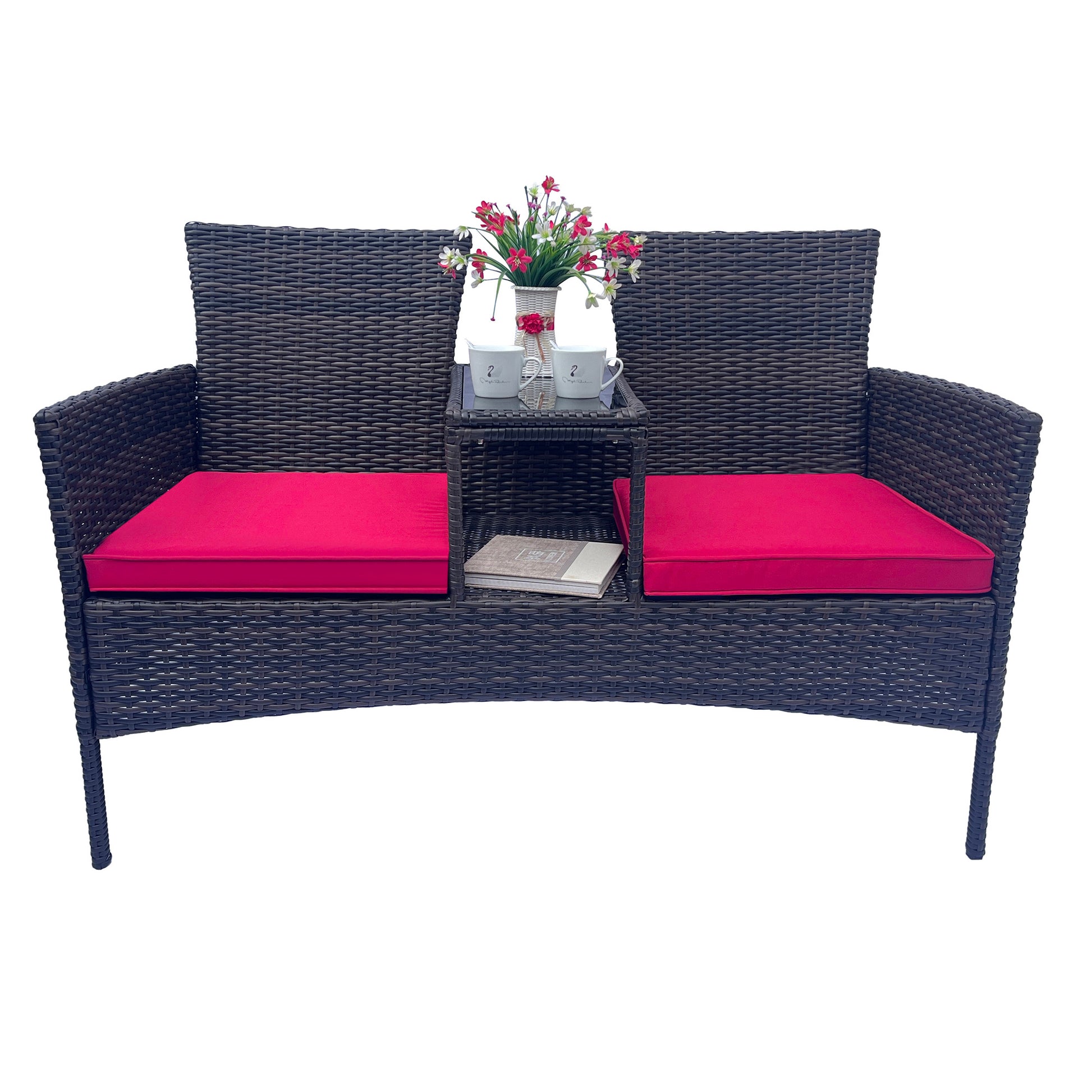 Wicker Patio Conversation Furniture Set, Outdoor Furniture Set With Removable Cushions & Table, Tempered Glass Top, Modern Rattan Bench For Garden Lawn Backyard Yes Complete Patio Set Red Brown Weather Resistant Frame Water Resistant Cushion Garden &