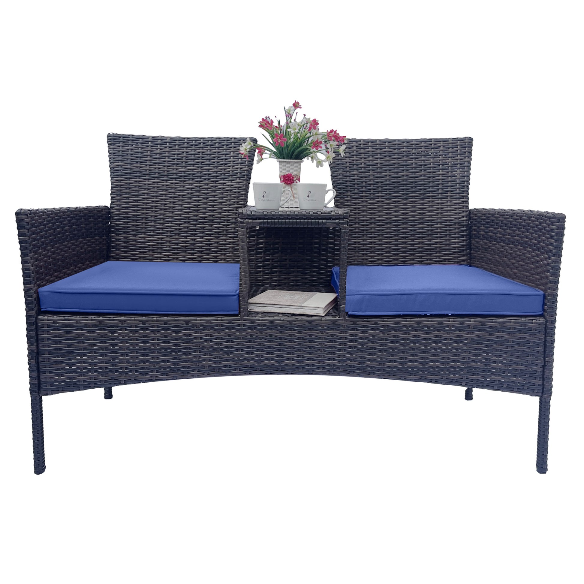 Wicker Patio Conversation Furniture Set, Outdoor Furniture Set With Removable Cushions & Table, Tempered Glass Top, Modern Rattan Bench For Garden Lawn Backyard Yes Complete Patio Set Blue Brown Weather Resistant Frame Water Resistant Cushion Garden &