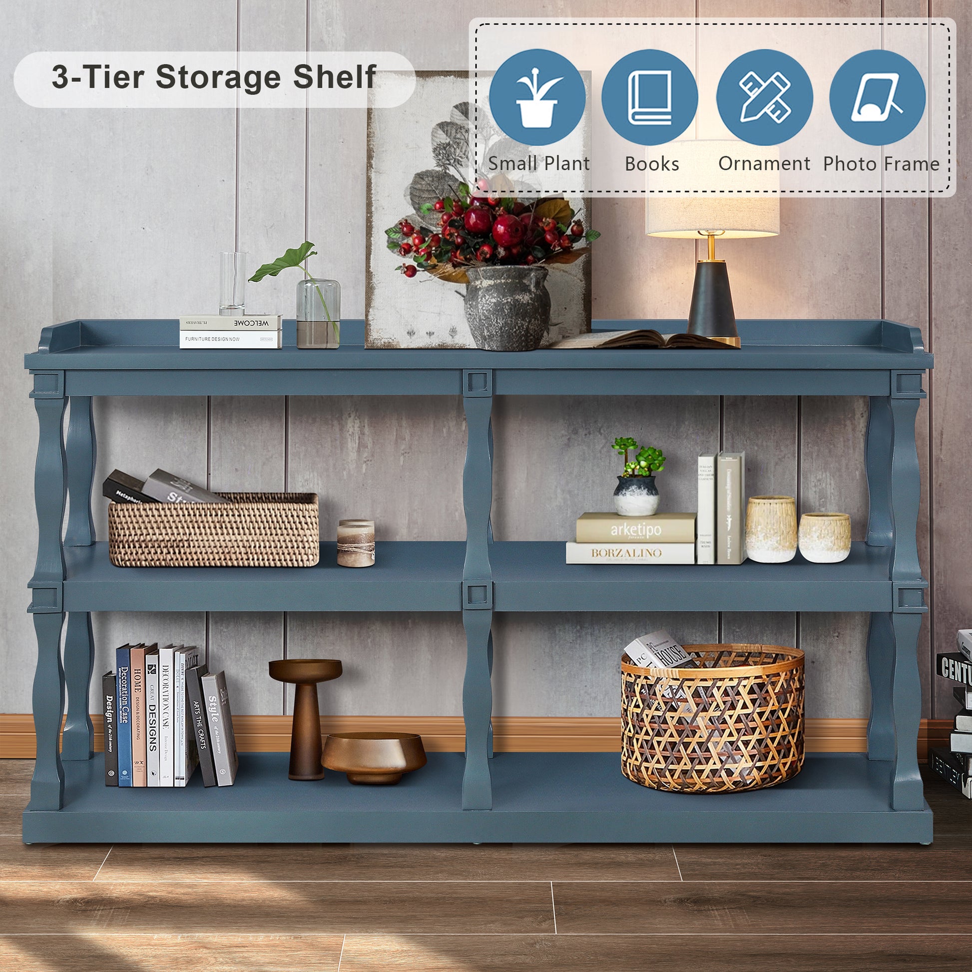 Console Table With 3 Tier Open Storage Spaces And Roman Column Effect Support Legs,Narrow Sofa Entry Table For Living Room, Entryway And Hallway Navy Blue Navy Blue Primary Living Space Floor Mount Open Storage Console Tables Glossy Mdf Mdf