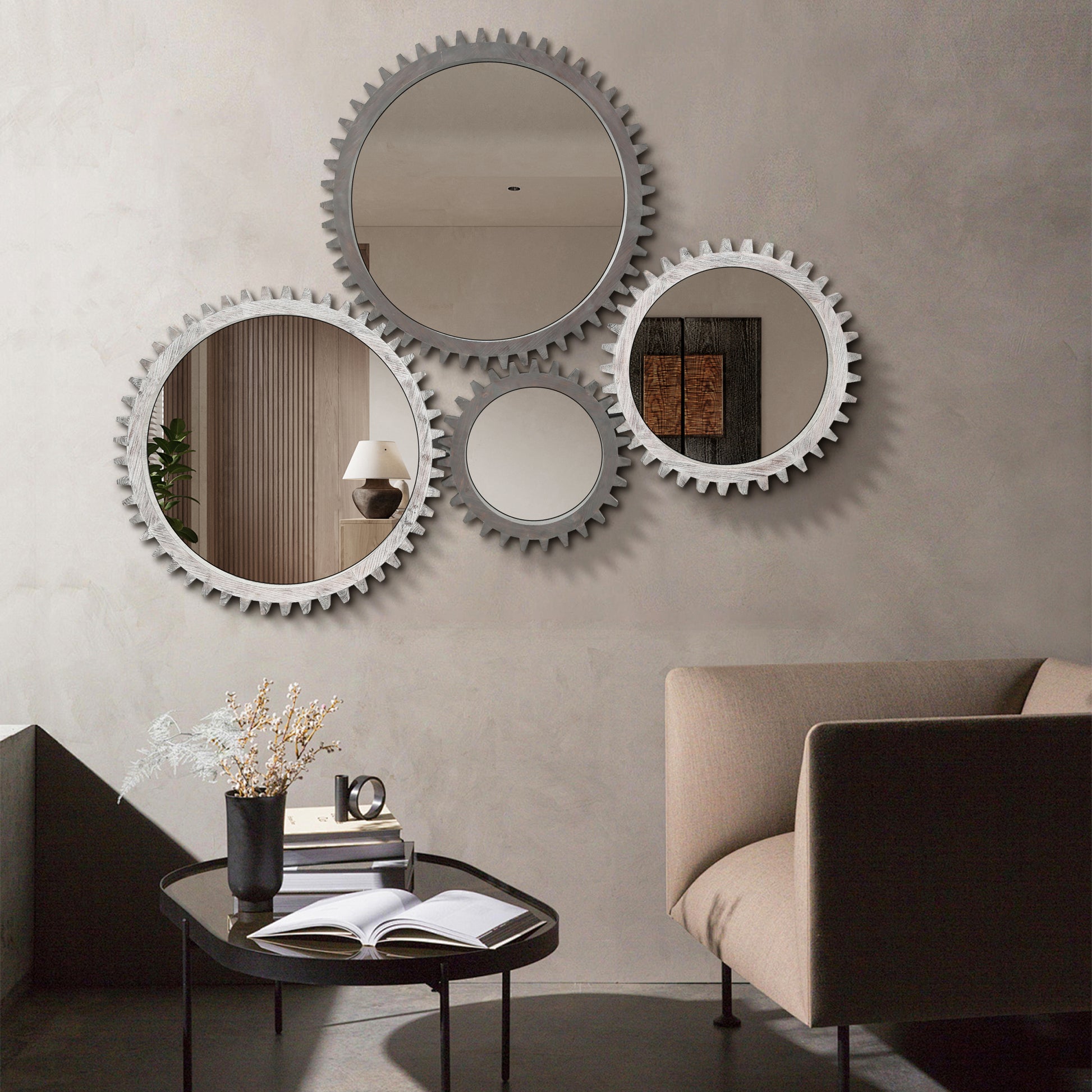 Vintage 17'' X 17'' Wood Round Hanging Gear Shape Decorative Mirror Patchwork Effect With Large Size Mirrors Individually On Art Walls,Sold Individually Antique White Washed White Washed American Design Solid Wood Mdf Mirror