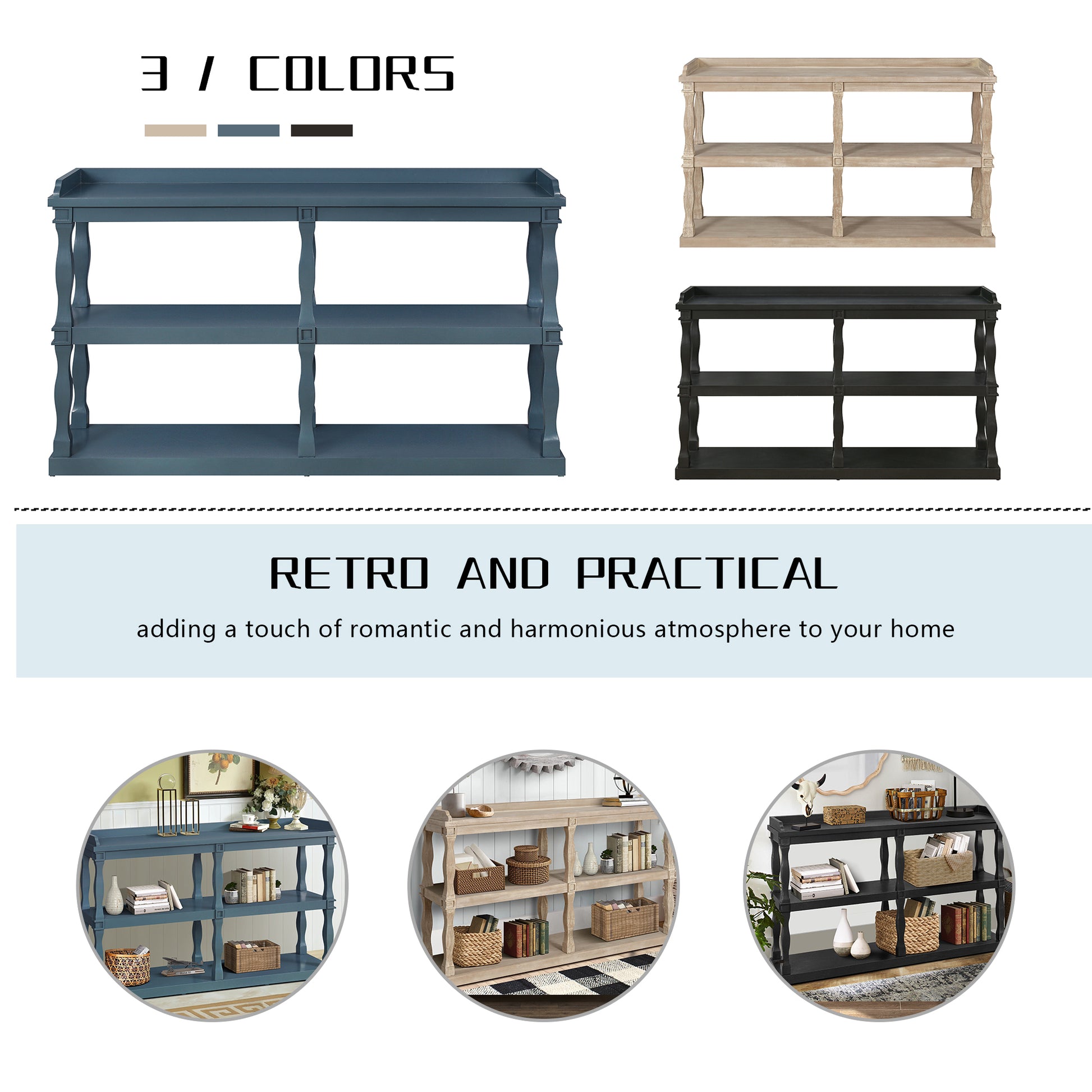 Console Table With 3 Tier Open Storage Spaces And Roman Column Effect Support Legs,Narrow Sofa Entry Table For Living Room, Entryway And Hallway Navy Blue Navy Blue Primary Living Space Floor Mount Open Storage Console Tables Glossy Mdf Mdf