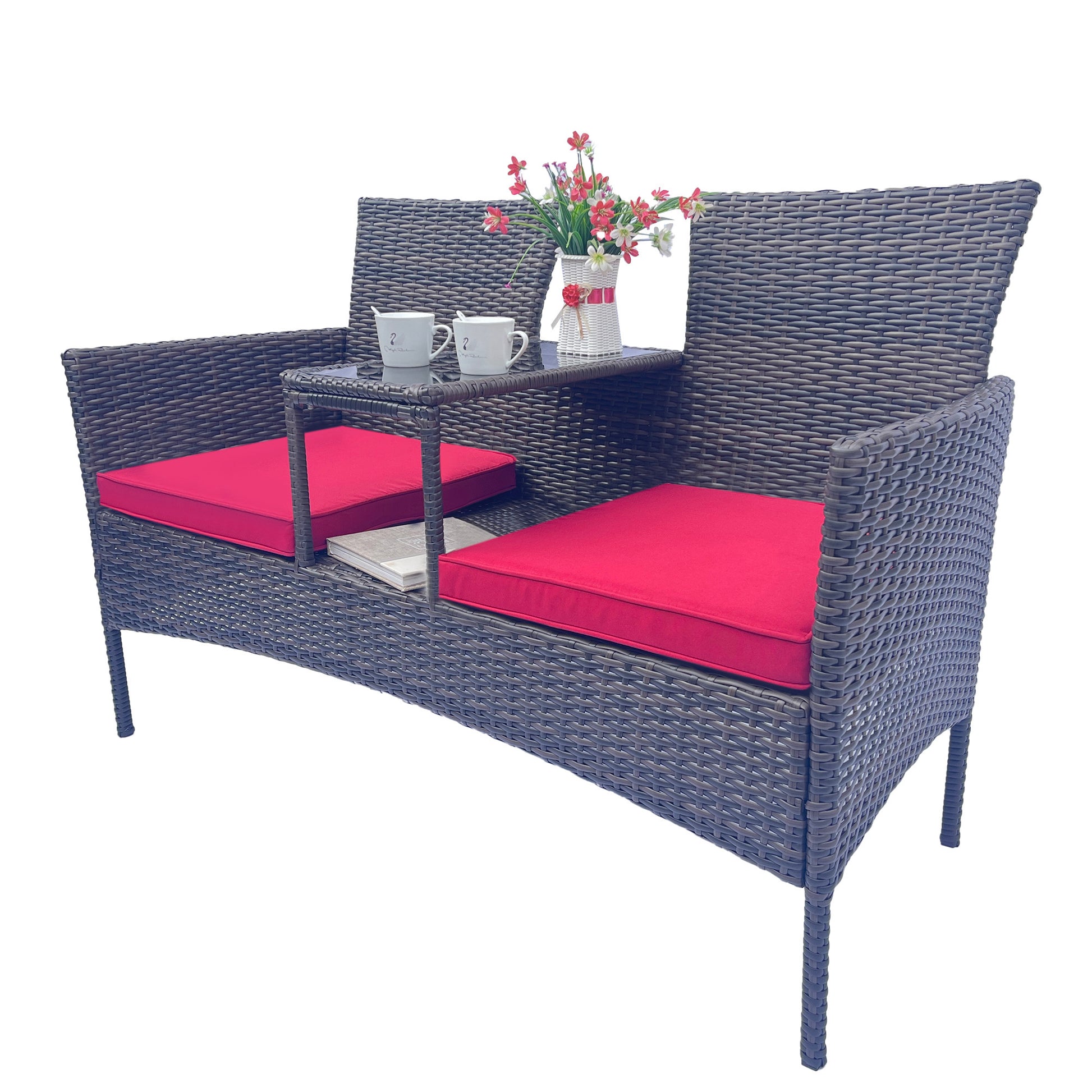 Wicker Patio Conversation Furniture Set, Outdoor Furniture Set With Removable Cushions & Table, Tempered Glass Top, Modern Rattan Bench For Garden Lawn Backyard Yes Complete Patio Set Red Brown Weather Resistant Frame Water Resistant Cushion Garden &