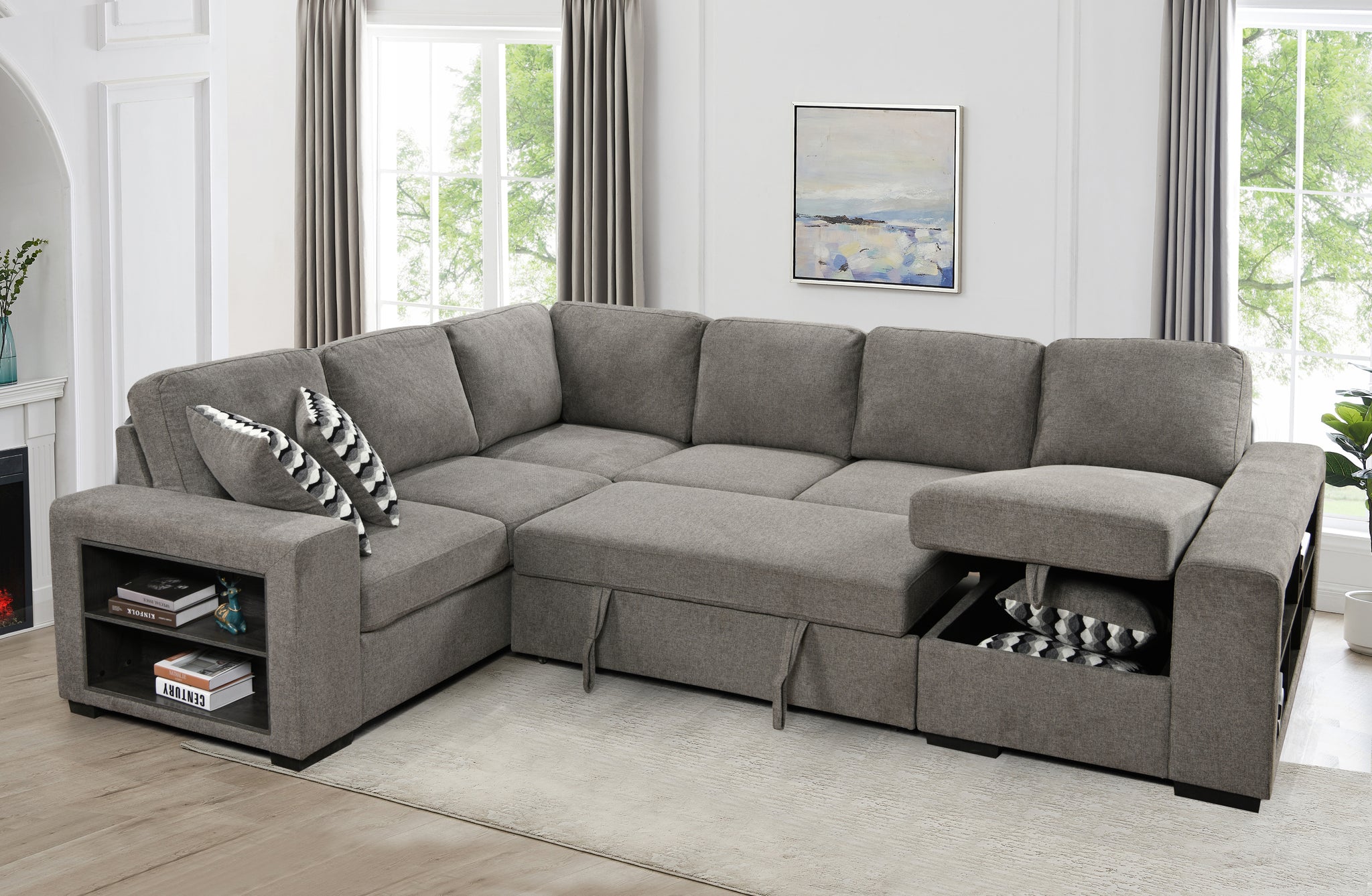 125'' Modern U Shaped 7 Seat Sectional Sofa Couch With Cabinet,Sofa Bed With Storage Chaise Pull Out Couch Bed For Living Room,Light Gray Light Brown Wood Primary Living Space Medium Duty Eucalyptus 7 Seat Light Gray Polyester Soft Pillow Back Modern