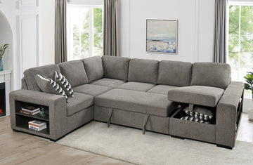 125'' Modern U Shaped 7 Seat Sectional Sofa Couch With Cabinet,Sofa Bed With Storage Chaise Pull Out Couch Bed For Living Room,Light Gray Light Brown Wood Primary Living Space Medium Duty Eucalyptus 7 Seat Light Gray Polyester Soft Pillow Back Modern