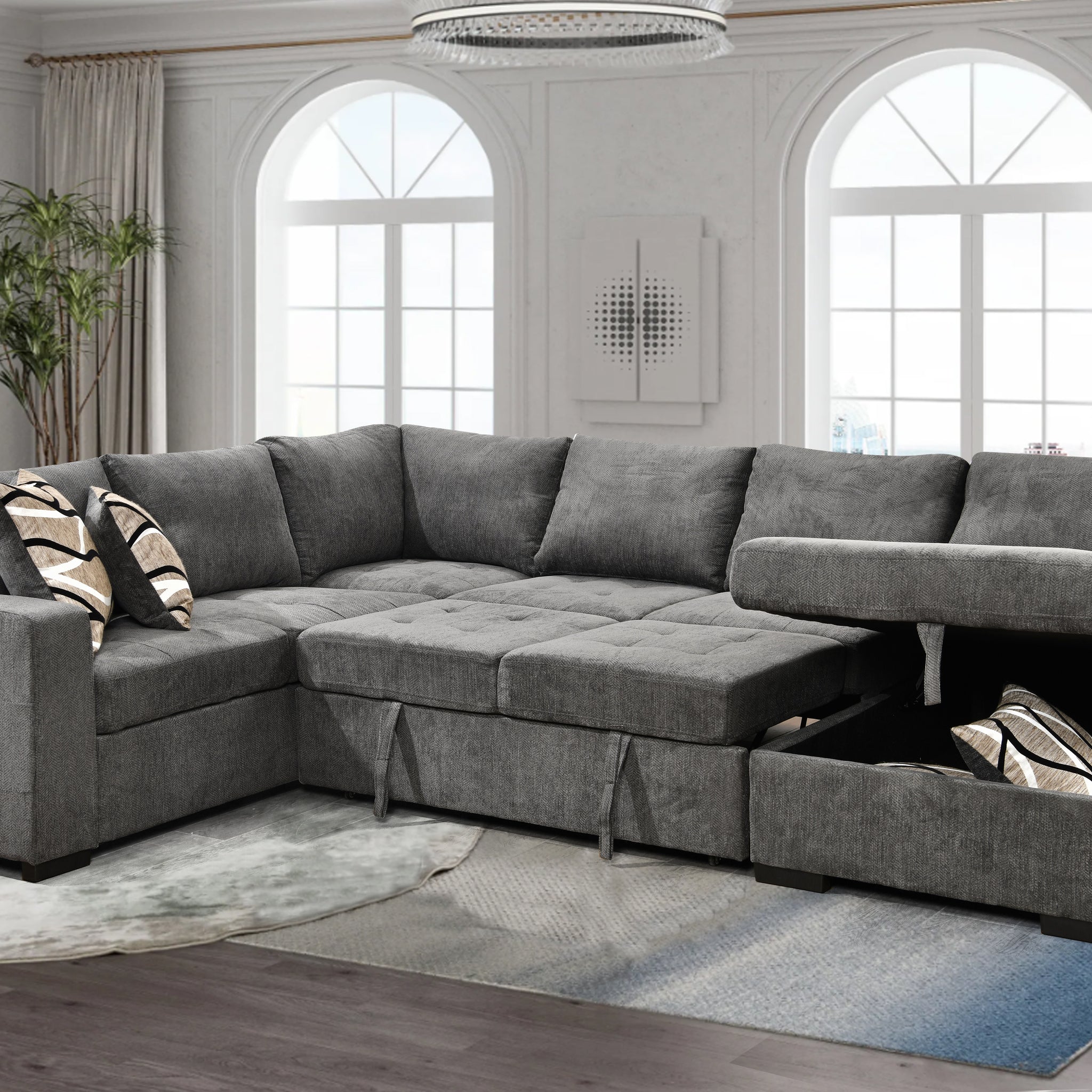 123" Oversized Sectional Sofa With Storage Chaise, U Shaped Sectional Couch With 4 Throw Pillows For Large Space Dorm Apartment. Charcoal Grey Light Brown Wood Primary Living Space Medium Duty
