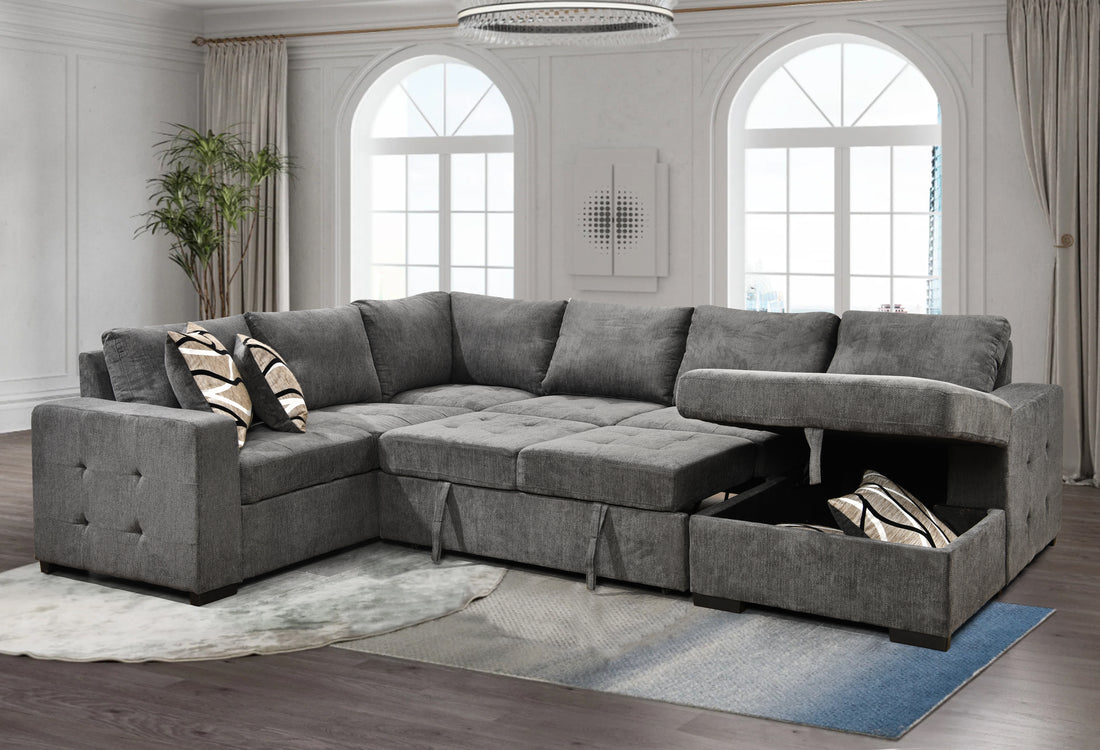 123" Oversized Sectional Sofa With Storage Chaise, U Shaped Sectional Couch With 4 Throw Pillows For Large Space Dorm Apartment. Charcoal Grey Light Brown Wood Primary Living Space Medium Duty