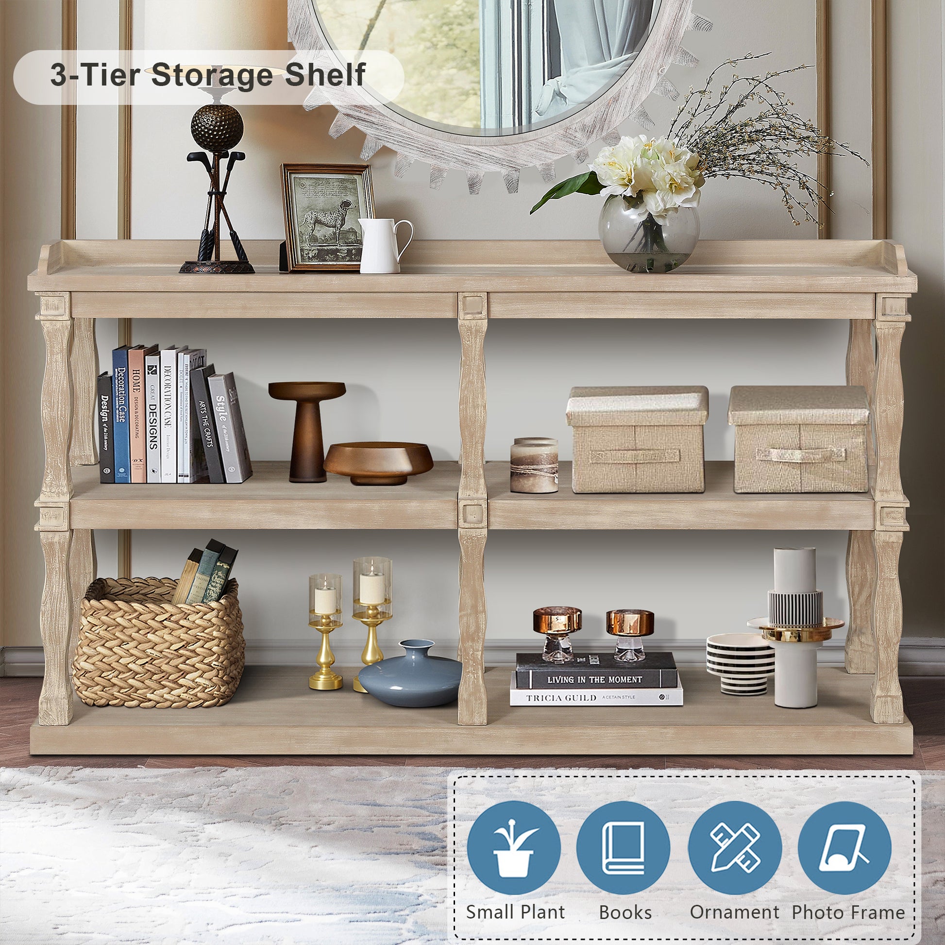 Console Table With 3 Tier Open Storage Spaces And Roman Column Effect Support Legs,Narrow Sofa Entry Table For Living Room, Entryway And Hallway Antique Wood White Antique White Gray Gray Mdf Mdf