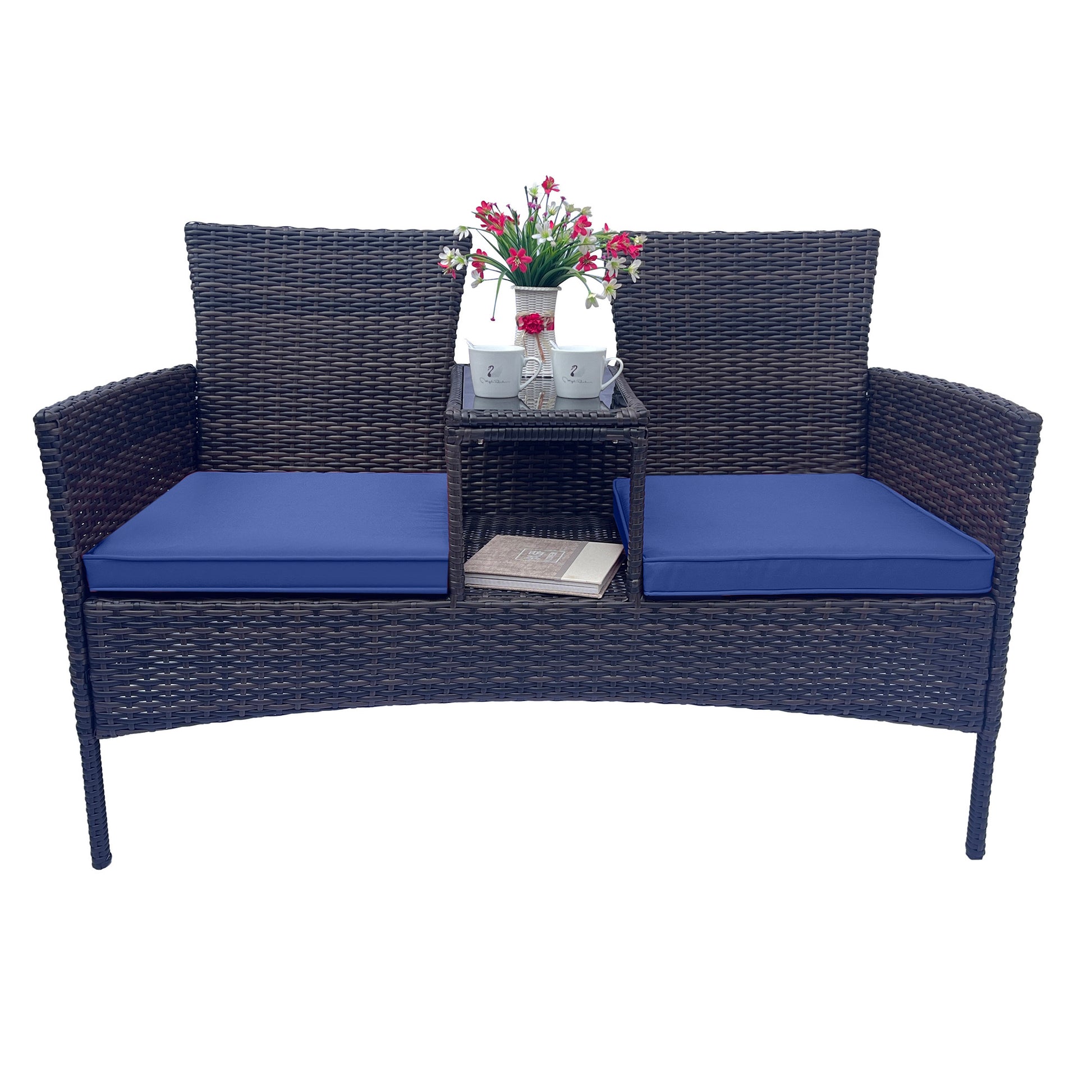 Wicker Patio Conversation Furniture Set, Outdoor Furniture Set With Removable Cushions & Table, Tempered Glass Top, Modern Rattan Bench For Garden Lawn Backyard Yes Complete Patio Set Blue Brown Weather Resistant Frame Water Resistant Cushion Garden &