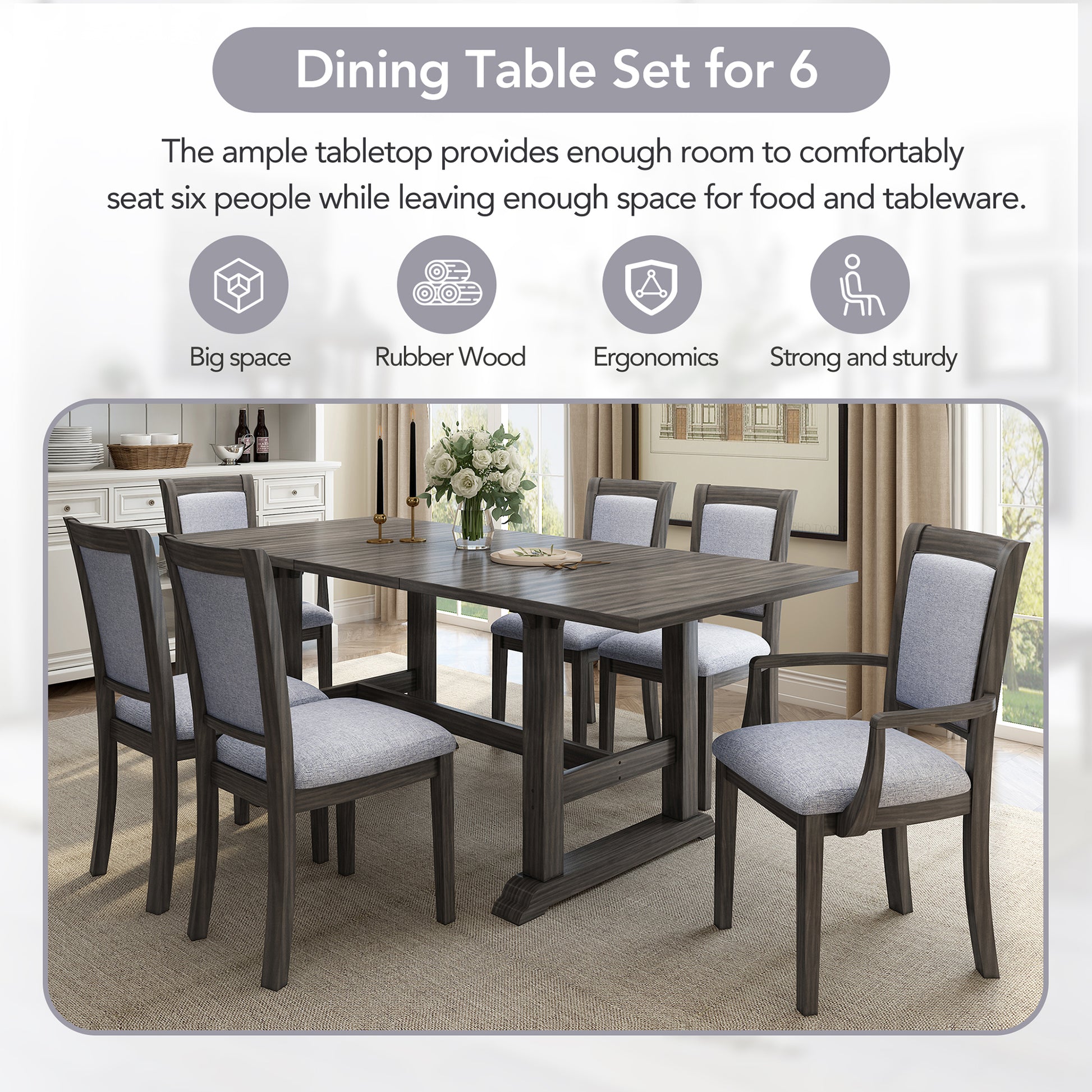 7 Piece Updated 76.9Inch Extendable Trestle Dining Table Set With Removable Leaf, Kitchen Table Set With Upholstered Side Chair And Arm Chair, Set Of 6, Grey Brown Wood Dining Room Solid Wood Rubberwood Rectangular Dining Table With Chair Upholstered