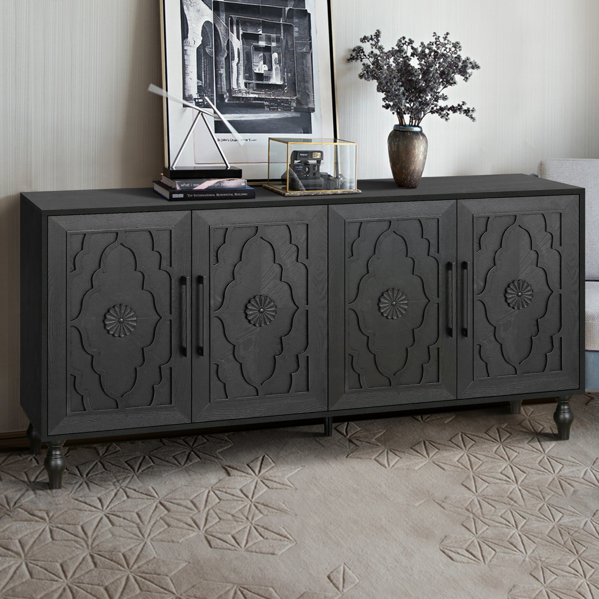 Carved Flower Door Large Storage Cabinet With Metal Handle Suitable For Living Room, Kitchen, Entryway Black Black Primary Living Space Mdf