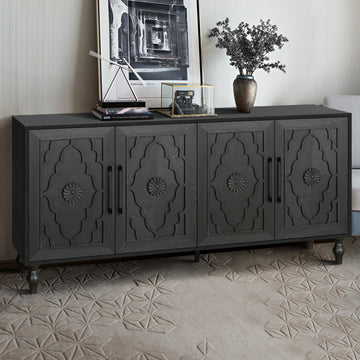Carved Flower Door Large Storage Cabinet With Metal Handle Suitable For Living Room, Kitchen, Entryway Black Black Primary Living Space Mdf