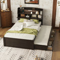 Full Size Wooden Led Platform Bed With Trundle, With Storage Headboard, With Drawers, Brown Full Brown Plywood