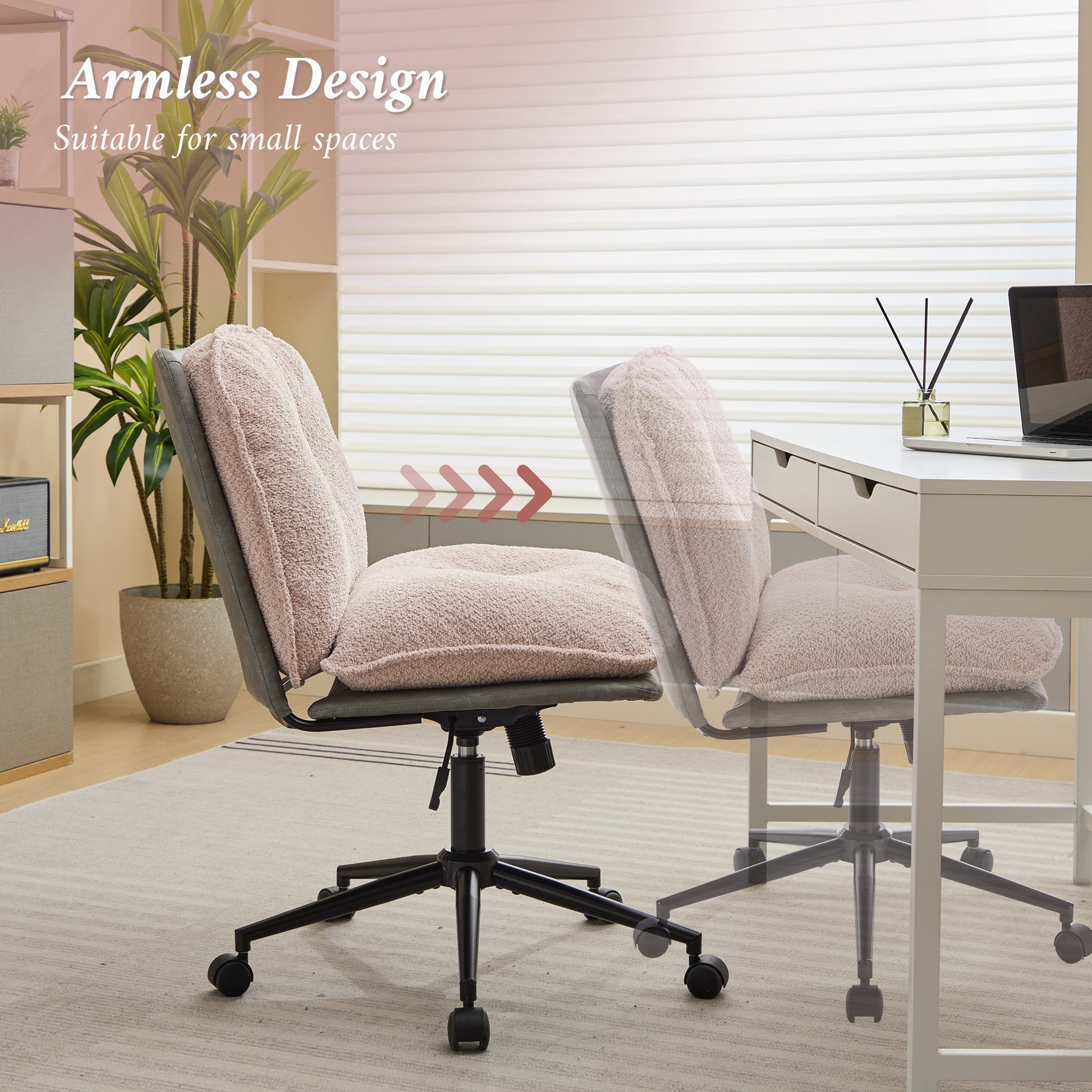 Oversize Seat Cirss Cross Chair With Wheels, Elegant Design Computer Chair, Adjustable Height 360 Rolling Swivel Home Office Chair For Small Space, Dressing Room, Living Room Gray Pink Pink Grey Primary Living Space Casual Foam Pu Leather