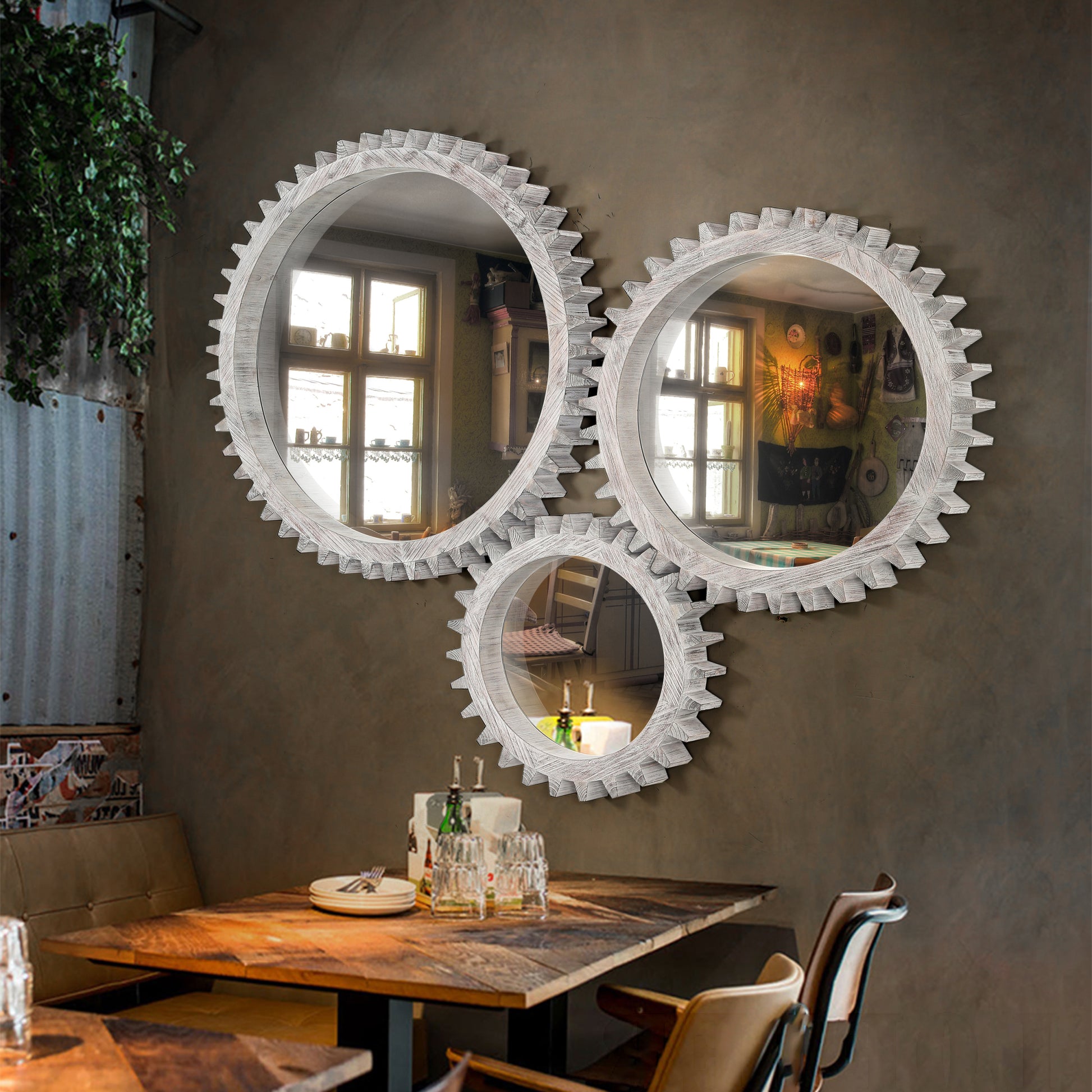 Vintage 17'' X 17'' Wood Round Hanging Gear Shape Decorative Mirror Patchwork Effect With Large Size Mirrors Individually On Art Walls,Sold Individually Antique White Washed White Washed American Design Solid Wood Mdf Mirror