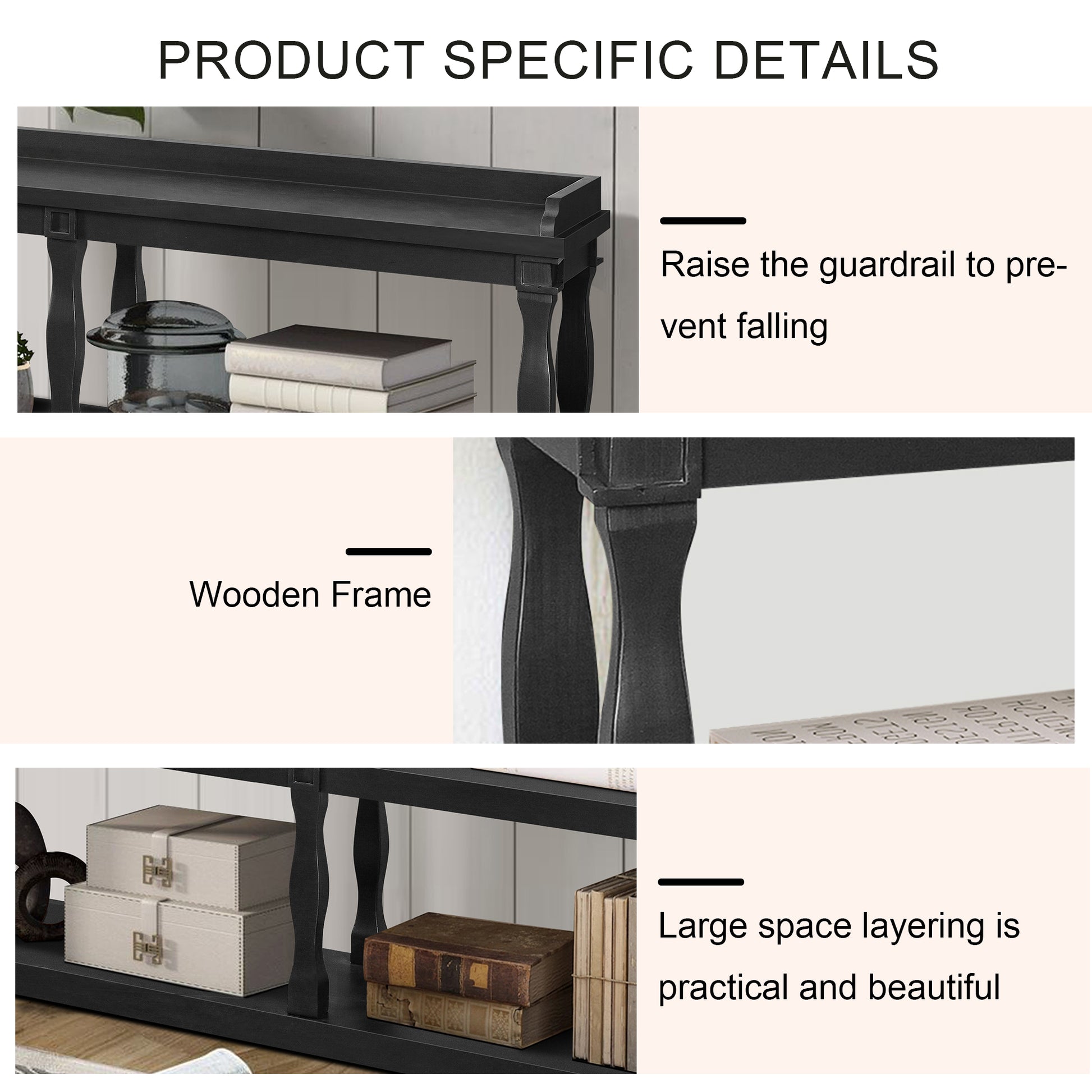 Console Table With 3 Tier Open Storage Spaces And Roman Column Effect Support Legs,Narrow Sofa Entry Table For Living Room, Entryway And Hallway Black Black Primary Living Space Floor Mount Console Tables Glossy Mdf Mdf