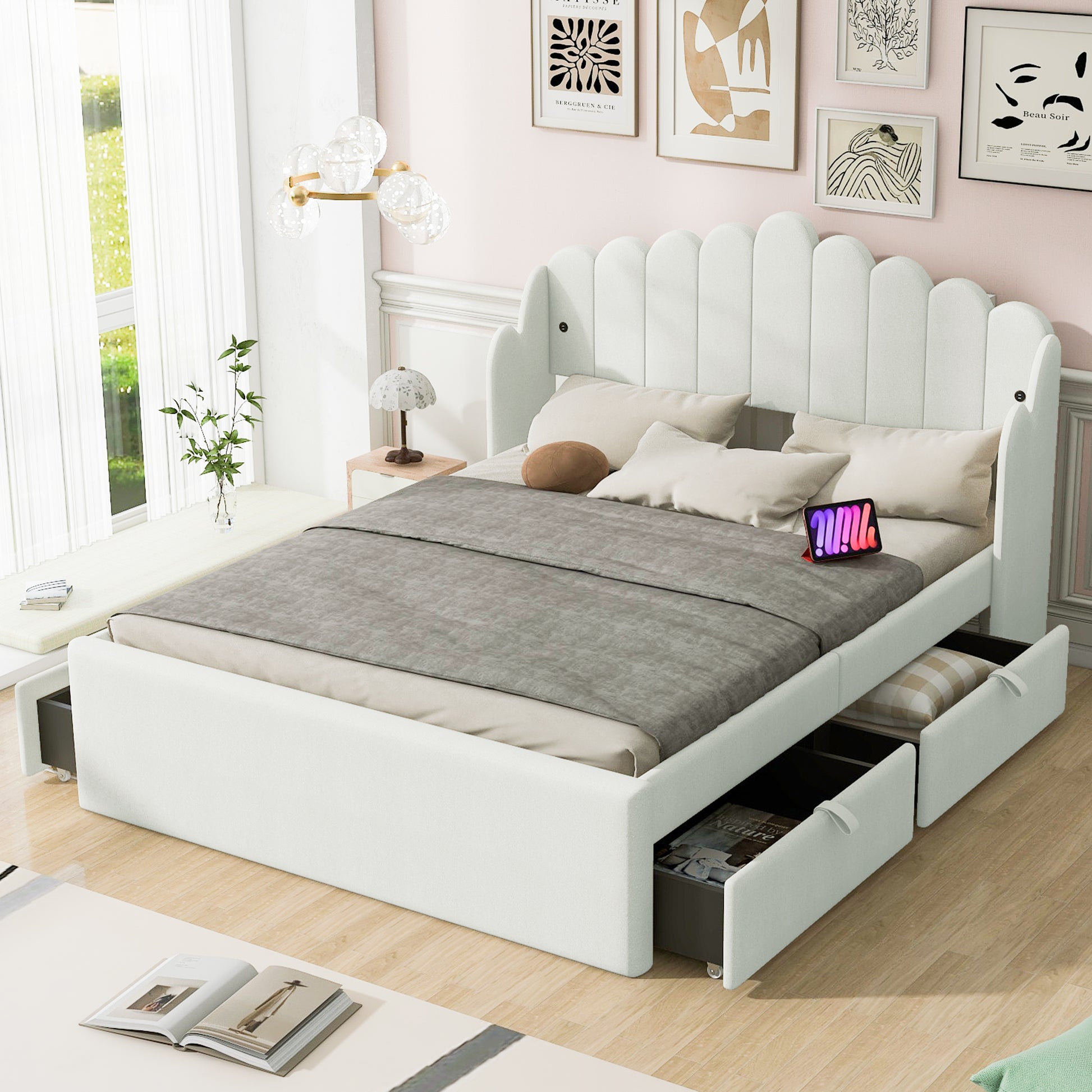 Full Size Upholstered Platform Bed With 4 Drawers And 2 Usb, Beige Box Spring Not Required Full Beige Wood Bedroom Bed Frame Polyester Upholstered