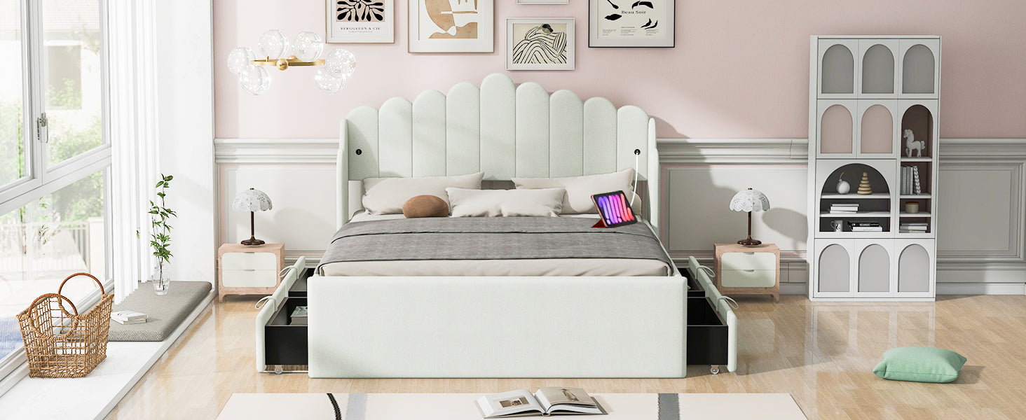 Full Size Upholstered Platform Bed With 4 Drawers And 2 Usb, Beige Box Spring Not Required Full Beige Wood Bedroom Bed Frame Polyester Upholstered