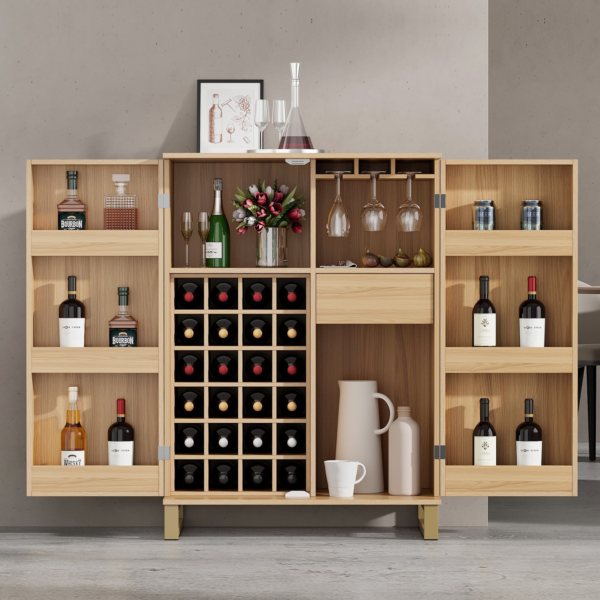 42.5" Modern Home Bar Cabinet Carved Wine Cabinet With Storage Natural Dining Room Contemporary Mdf