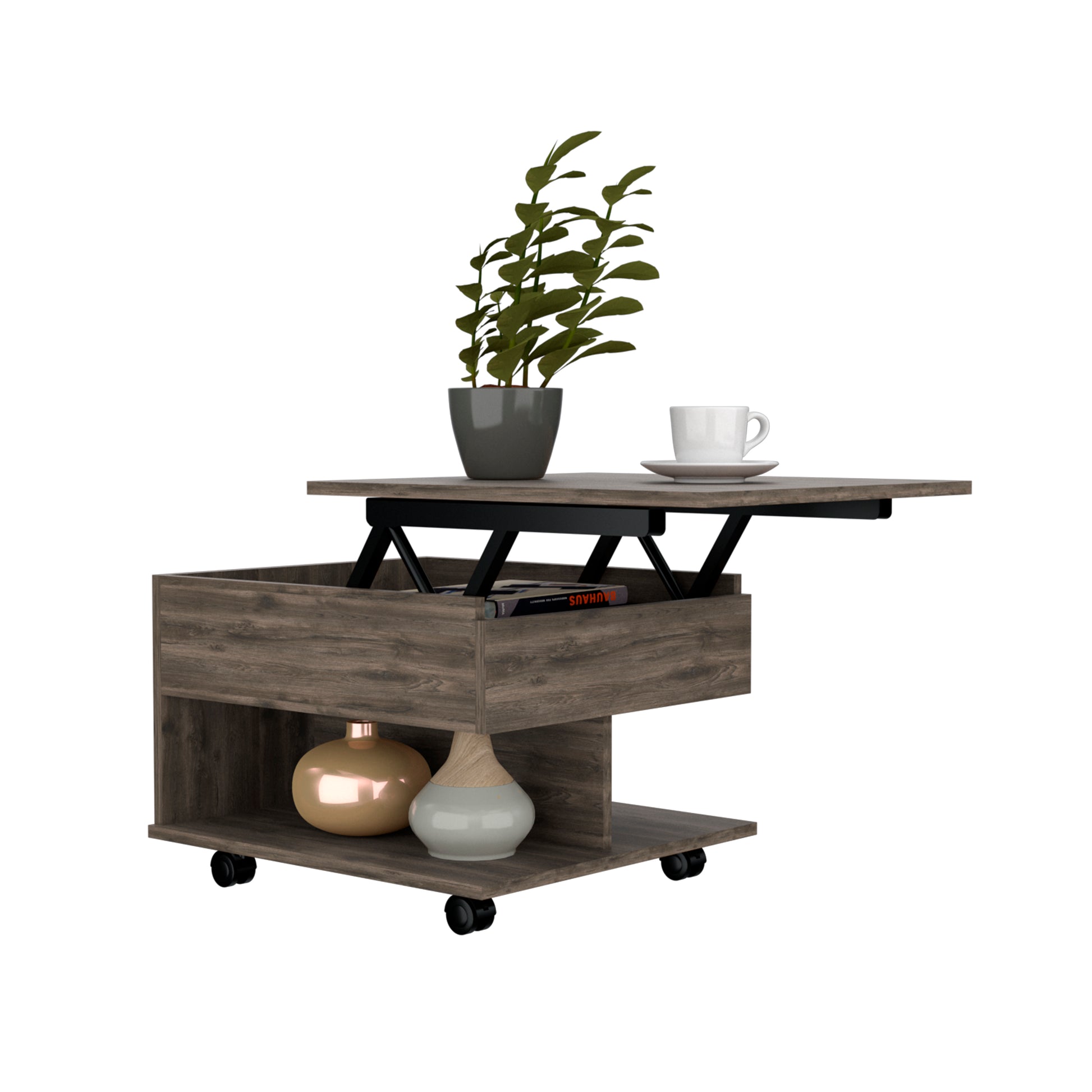 15" H Dark Brown Oak Coffee Table, 4 Brake Wheels, Lifting Top That Allows Storage Inside The Table, 1 Lower Shelf And 1 Vertical Division That Allows You To Decorate With Photos, And Design Books Brown Particle Board Particle Board