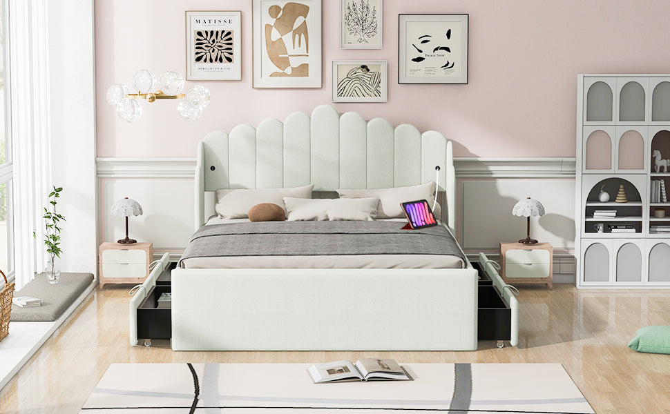 Full Size Upholstered Platform Bed With 4 Drawers And 2 Usb, Beige Box Spring Not Required Full Beige Wood Bedroom Bed Frame Polyester Upholstered