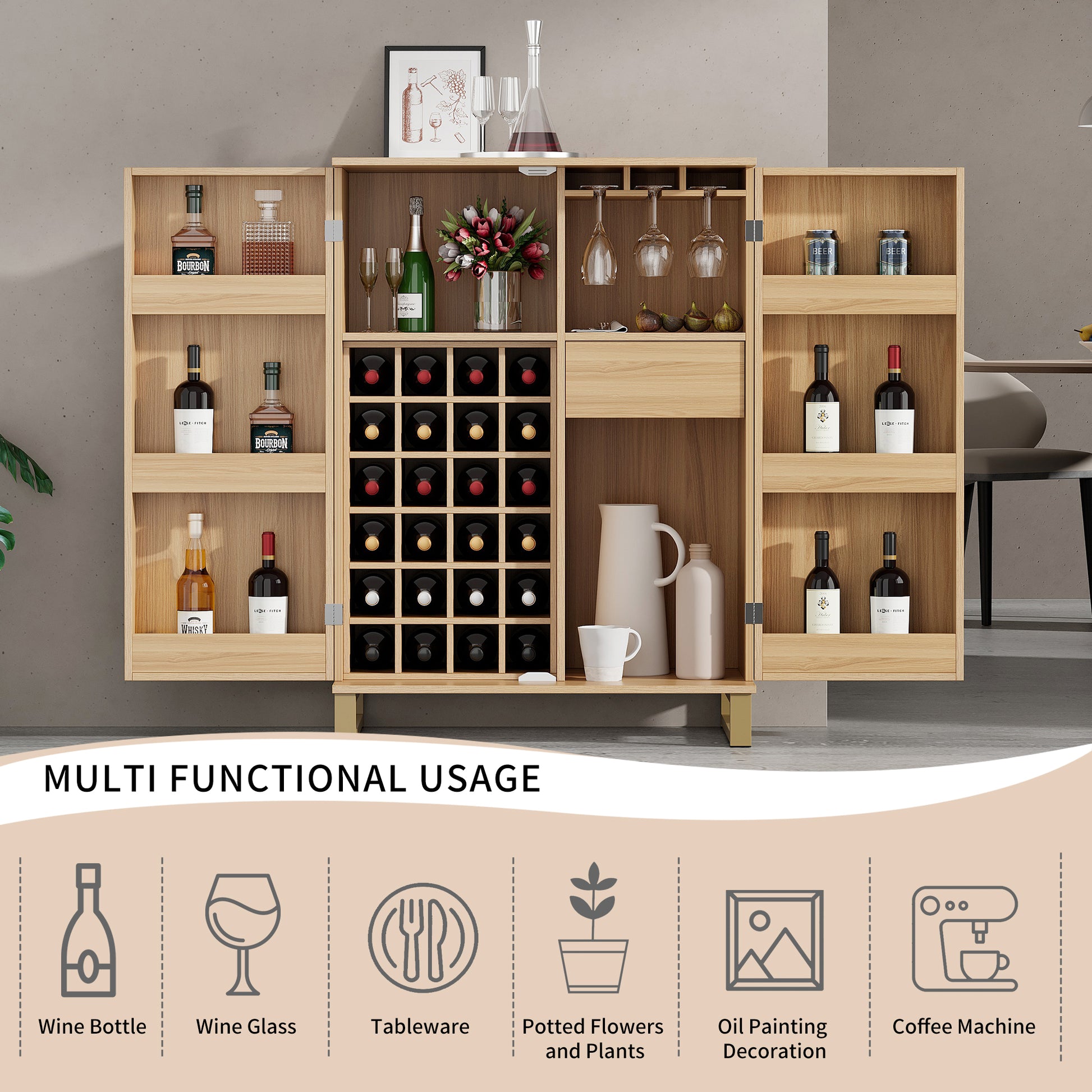 42.5" Modern Home Bar Cabinet Carved Wine Cabinet With Storage Natural Dining Room Contemporary Mdf