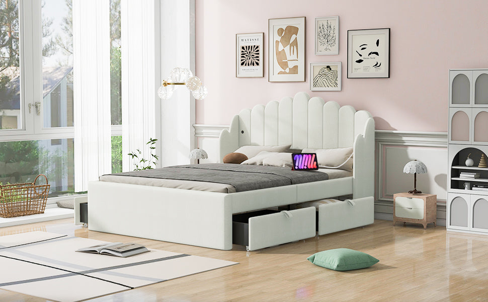 Full Size Upholstered Platform Bed With 4 Drawers And 2 Usb, Beige Box Spring Not Required Full Beige Wood Bedroom Bed Frame Polyester Upholstered