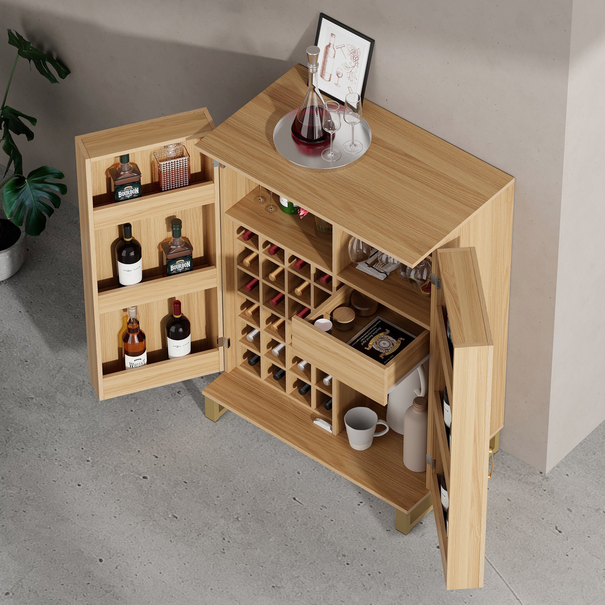 42.5" Modern Home Bar Cabinet Carved Wine Cabinet With Storage Natural Dining Room Contemporary Mdf