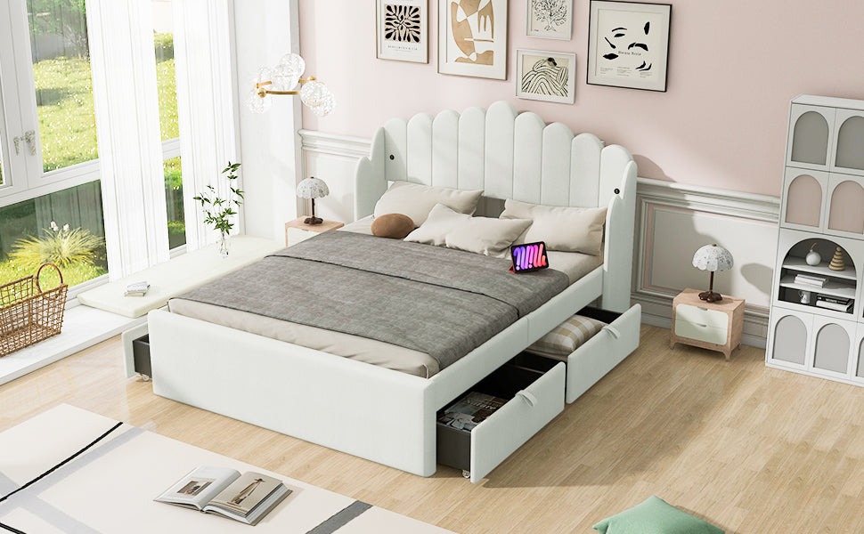 Full Size Upholstered Platform Bed With 4 Drawers And 2 Usb, Beige Box Spring Not Required Full Beige Wood Bedroom Bed Frame Polyester Upholstered