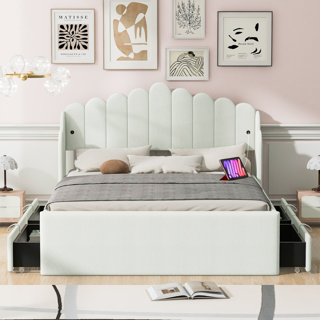 Full Size Upholstered Platform Bed With 4 Drawers And 2 Usb, Beige Box Spring Not Required Full Beige Wood Bedroom Bed Frame Polyester Upholstered