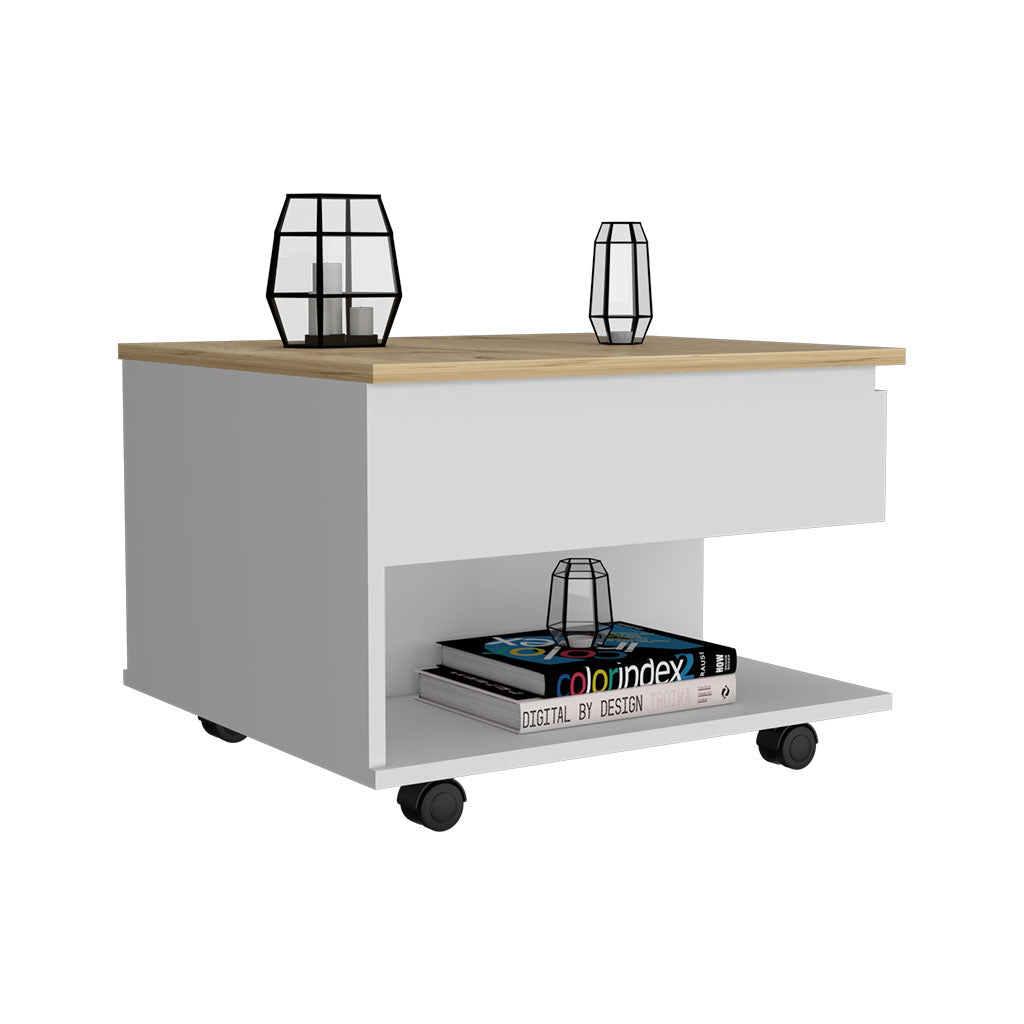 Lift Top Coffee Table, Casters, One Shelf, White Light Oak Multicolor Particle Board Particle Board
