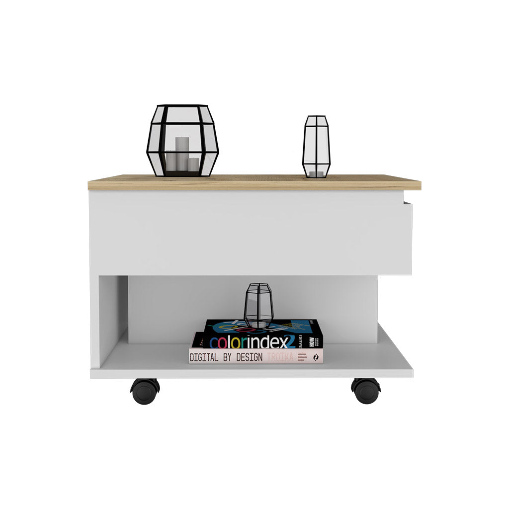 15" H White Light Oak Coffee Table, 4 Brake Wheels, Lifting Top That Allows Storage Inside The Table, 1 Lower Shelf And 1 Vertical Division That Allows You To Decorate, Design Books And More. Multicolor Particle Board Particle Board