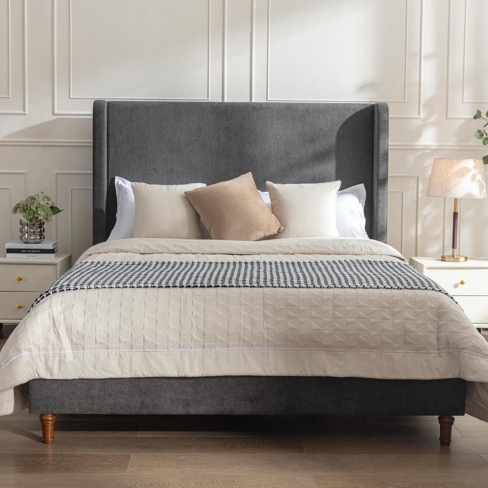 Harper Tall Headboard Upholstered Bed 54" High Headboard Elegant Simplicity No Box Spring Needed Easy Assembly Queen Dark Gray Velvet Box Spring Not Required Queen Dark Gray Metal Brown Bedroom Contemporary Oak Bed Frame Foam Velvet Fabric Metal