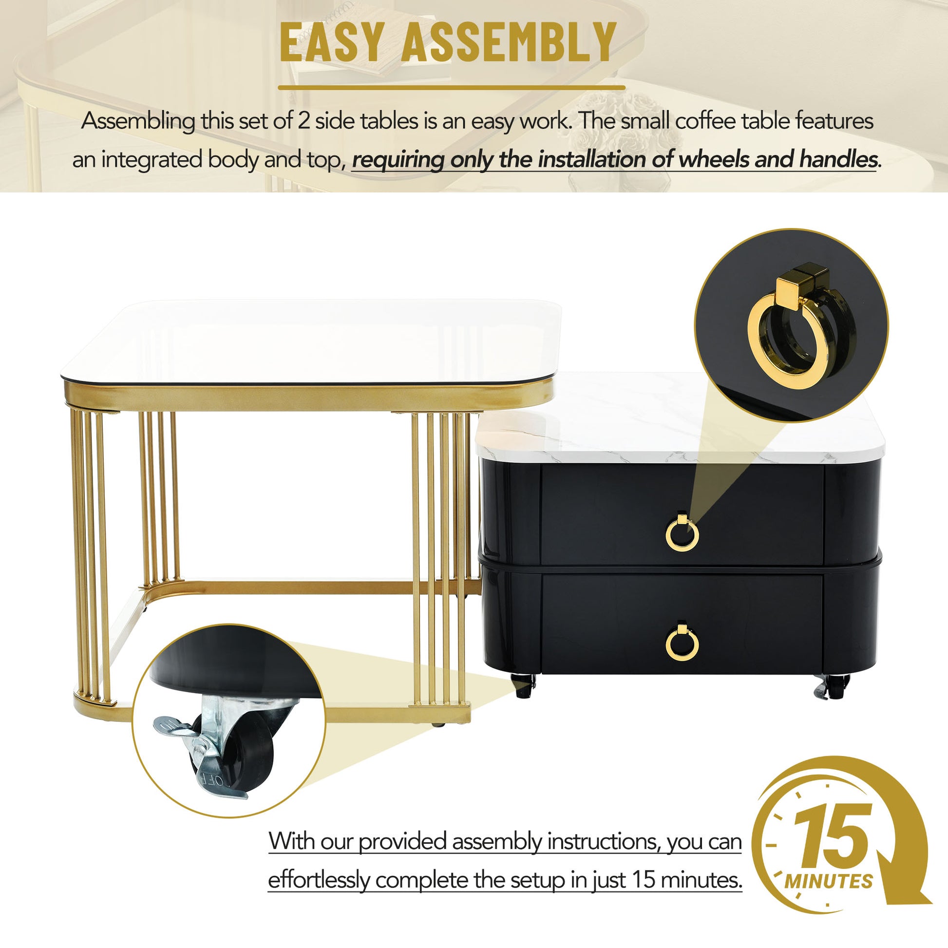 2 In 1 Square Nesting Coffee Table With Wheels & Drawers, Stackable Side Table With High Gloss Marble Grain Top, End Table Set With Brown Tempered Glass For Living Room, Black Black Gold Primary Living Space Drawers Square Mdf Steel