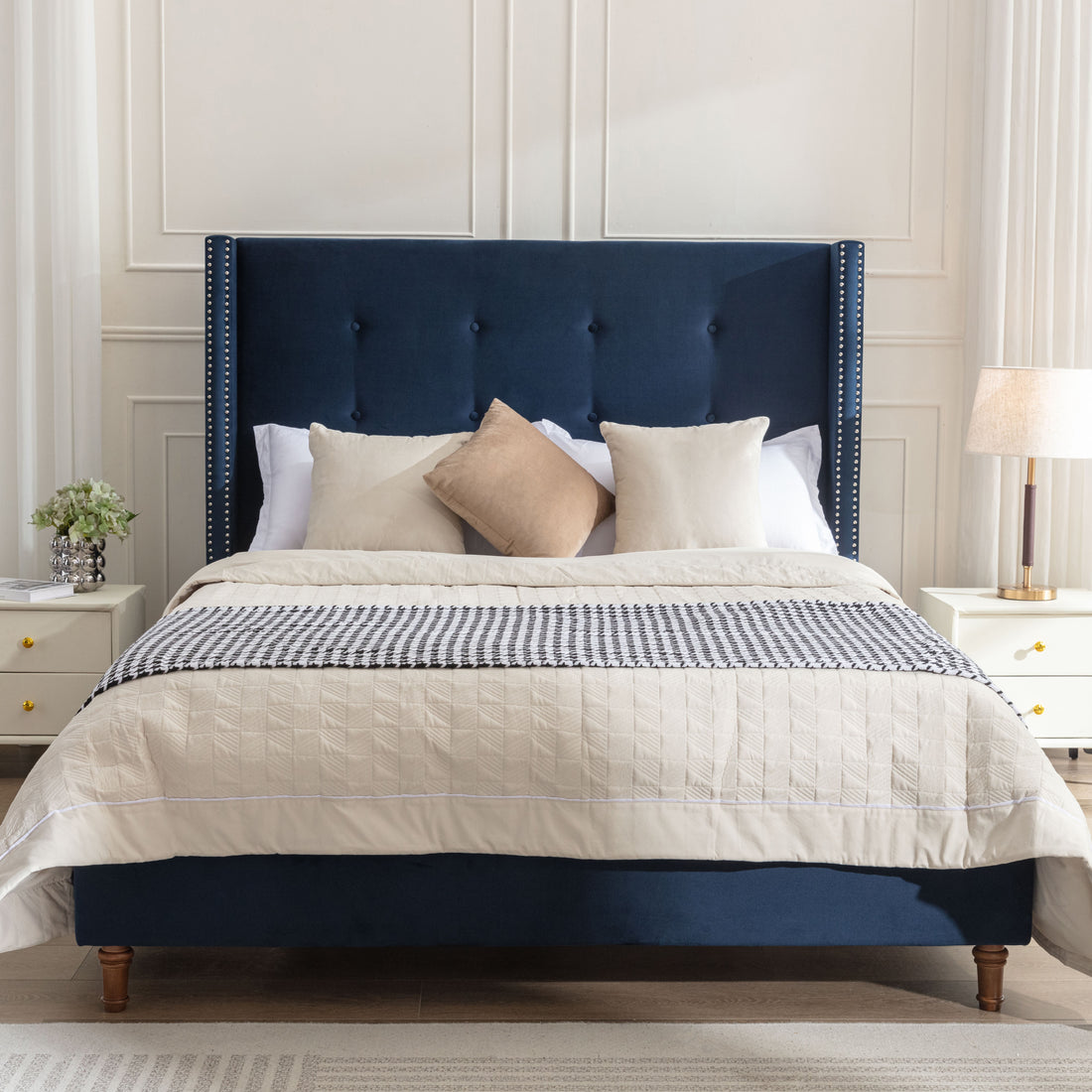 Peyton Upholstered Queen Bed 54" High Headboard Traditional Hand Buttoned Tufting Trim Wingback No Box Spring Needed Easy Assembly Blue Velvet Box Spring Not Required Queen Blue Brown Metal Bedroom Classic,European,Modern,Traditional Oak Bed Frame Foam