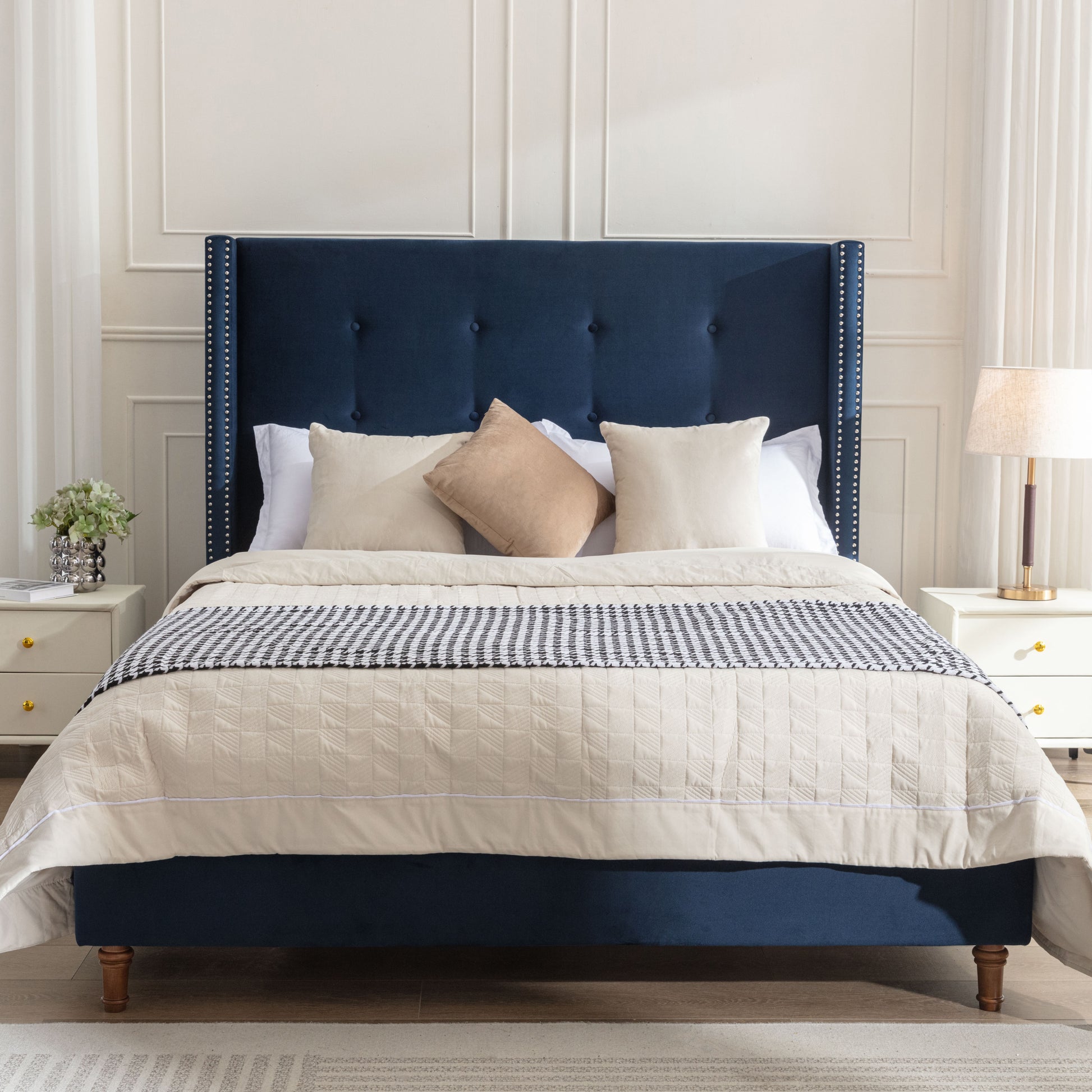 Peyton Upholstered Queen Bed 54" High Headboard Traditional Hand Buttoned Tufting Trim Wingback No Box Spring Needed Easy Assembly Blue Velvet Box Spring Not Required Queen Blue Brown Metal Bedroom Classic,European,Modern,Traditional Oak Bed Frame Foam