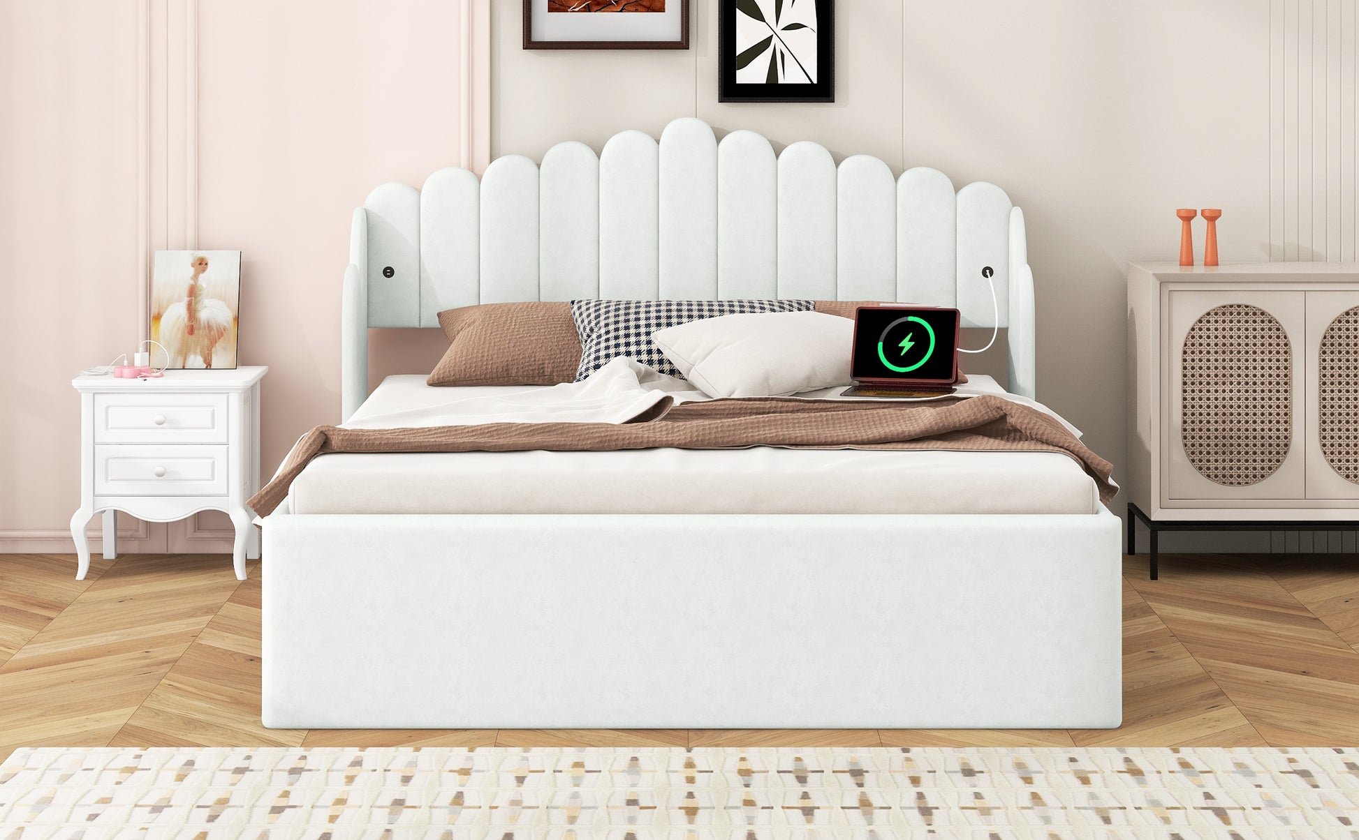 Queen Size Upholstered Platform Bed With 4 Drawers And 2 Usb, Beige Box Spring Not Required Queen Beige Wood Bedroom Bed Frame Polyester Upholstered